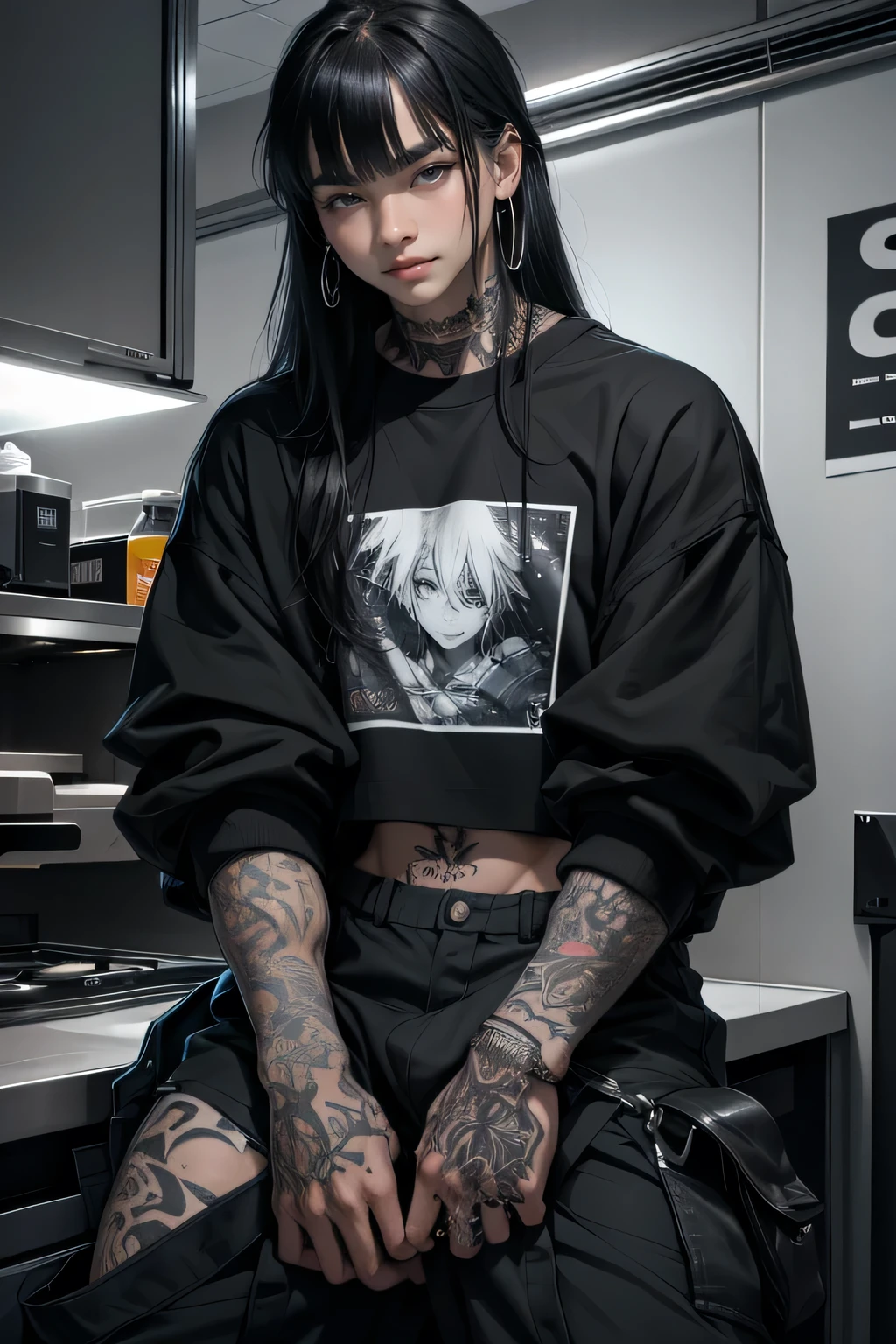 a photo of Henrik Sanyi, he is a delicate 20-year-old boy, fair skin, long black hair with bangs, piercings, tattoos, thick thighs, wearing a crepe sweatshirt, cargo pants, looking at the camera 