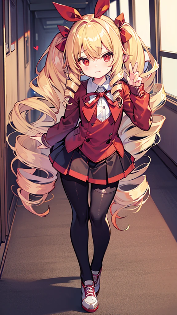 A girl with impressive blonde hair、hair ornaments、black pantyhose、No sleeve、smile、Cute shoes with accessories、Red horn headband、dynamic pose