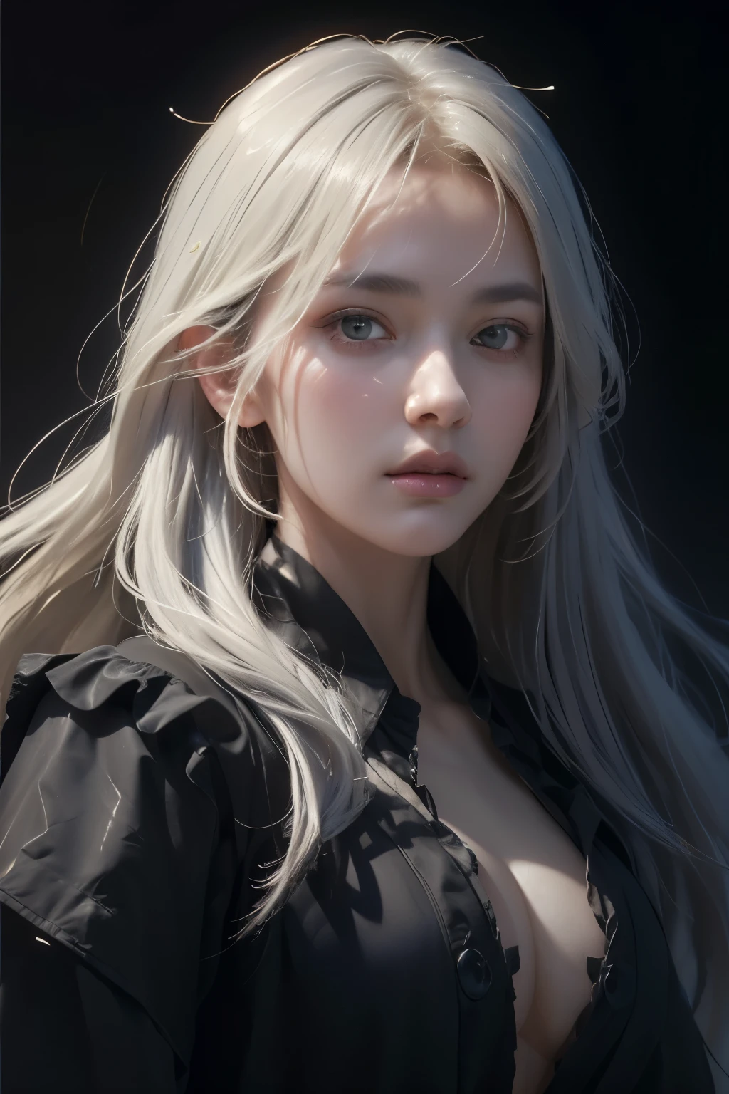 (front focus),(in the dark:1.6),
Surrealist female portraits by David Hockney and Alphonse Mucha,fantasy art, photo realistic, dynamic lighting, art station, poster, volumetric lighting, very detailed face, 4K, Awards,, 1 woman, in the dark, deep shadows, low key,cowboy shot,(formal clothing:1.4) ,long hair,gray hair,