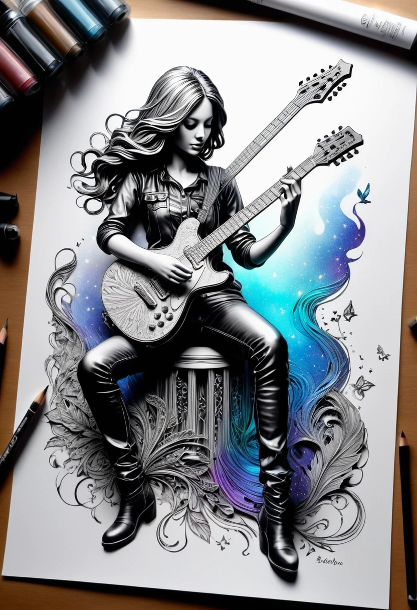 Dessiner une figurine 4D d'une femme guitariste de style encre uhd époustouflante et à couper le souffle, effet holographiqhe qui semble sortir de la feuille de dessin, extremely detailed drawing, hyperRéaliste, sublime details. Truly remarkable work, rock'n roll metal work , perfect and detailed hands, highly detailed hyperrealistic guitar