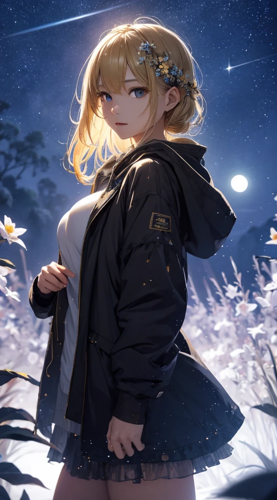 masterpiece, high quality, 4K, Beautiful design, silhouette，blonde， 非常に詳細な夜のStarry Sky,Flower Field， wonderful, Finer details,  Very knowledgeable woman, Highly detailed solo, 1 female,Beautiful Eyes，I like rumors，Big Breasts，Hooded parka，mini skirt，Night view，Starry Sky，full moon，