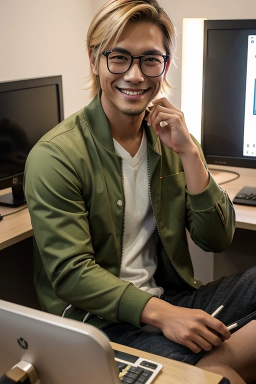 Japanese Handsome style , cute smile with dimples blonde hair has no beard wearing glasses, color olive green varsity jacket with chest number 17,Sitting infront of a working desktop gaming set up