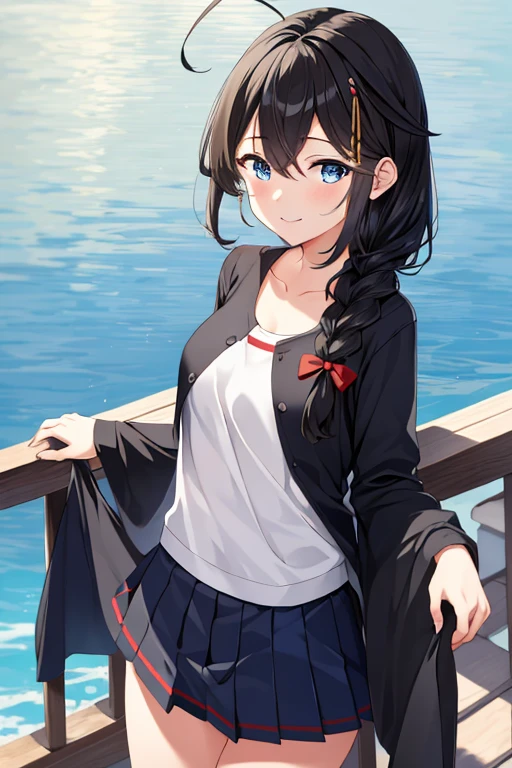 (masterpiece), highly detailed, best quality, 1girl, ShigureKancolle, ShigureBase, , pleated skirt, black hair, fine detailed shiny blue eyes, long hair, large braid, outdoor, smile, small breasts, cowboy shot, looking at viewer, flat hair, ahoge