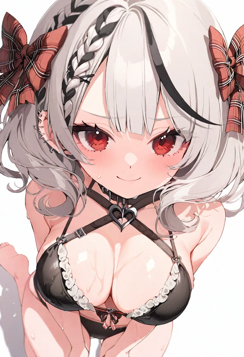 (masterpiece), (best quality), perfect face, beautiful girl, white background background, delicate and beautiful face and eyes, dark intense shadow, 
1 girl, vtuber style, cool girl, hololive, Sakamata Chloe, bikini, wet body, big chest, cropped shoulders, clavicle, winking, smile, bare feet, chest visible through clothes, ass visible through thighs, (full body), looking at viewer, standing, 