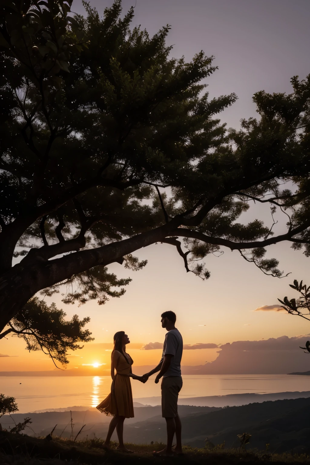 Casal ao longe, near tree with hand reaching out to take fruit from tree, excessively orange sunset, Plenty of vegetation, very dark lighting