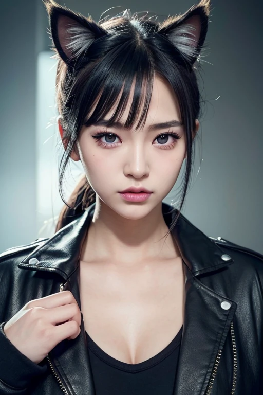 a cute japanese high school girl, innocent expression, low ponytail, ((cat ears)), heavy metal, leather jacket, spiked hair, black eyeshadow, black lipstick, piercings, punk hairstyle, middle finger raised, (best quality,4k,8k,highres,masterpiece:1.2),ultra-detailed,(realistic,photorealistic,photo-realistic:1.37),extremely detailed eyes and face,beautifully detailed eyes,beautifully detailed lips,longeyelashes,vibrant colors,dramatic lighting,cinematic