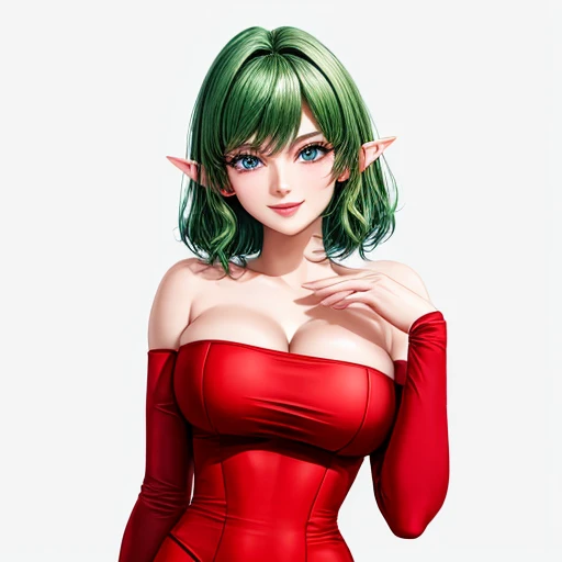 (masterpiece,highest quality,Very delicate,Perfect Face,8k,A beautiful woman),Medium short green hair:1.2, Red strapless bodycon tube dress ,Red long arm sleeves,Elf Girl,((Big Breasts)),blue eyes,Beautiful smile