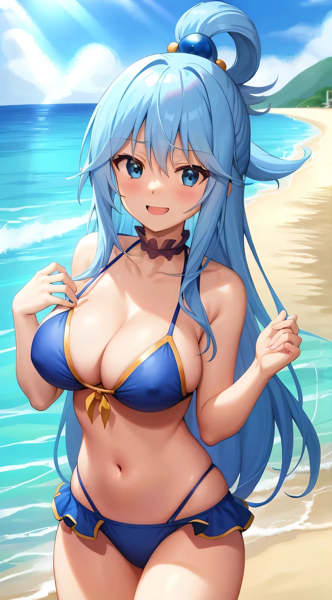 ,Anime screenshots、Anime Coloring、Outdoor、blue sky、Anime Girls、solo、Long Hair、Blue Hair、Blue Eyes、Cowboy Shot、smile、looking at viewer、hair ornaments、Hair Ring、bikini、blush、Big Breasts、cleavage、Girls with very large breasts、collarbone、belly button、midriff、Open your mouth、(Beach:1.3)、water、bikini top with an sky blue、bikini bottom with an sky blue、Single Hair Ring、in a triangle bikini、Water splash、Thighs、