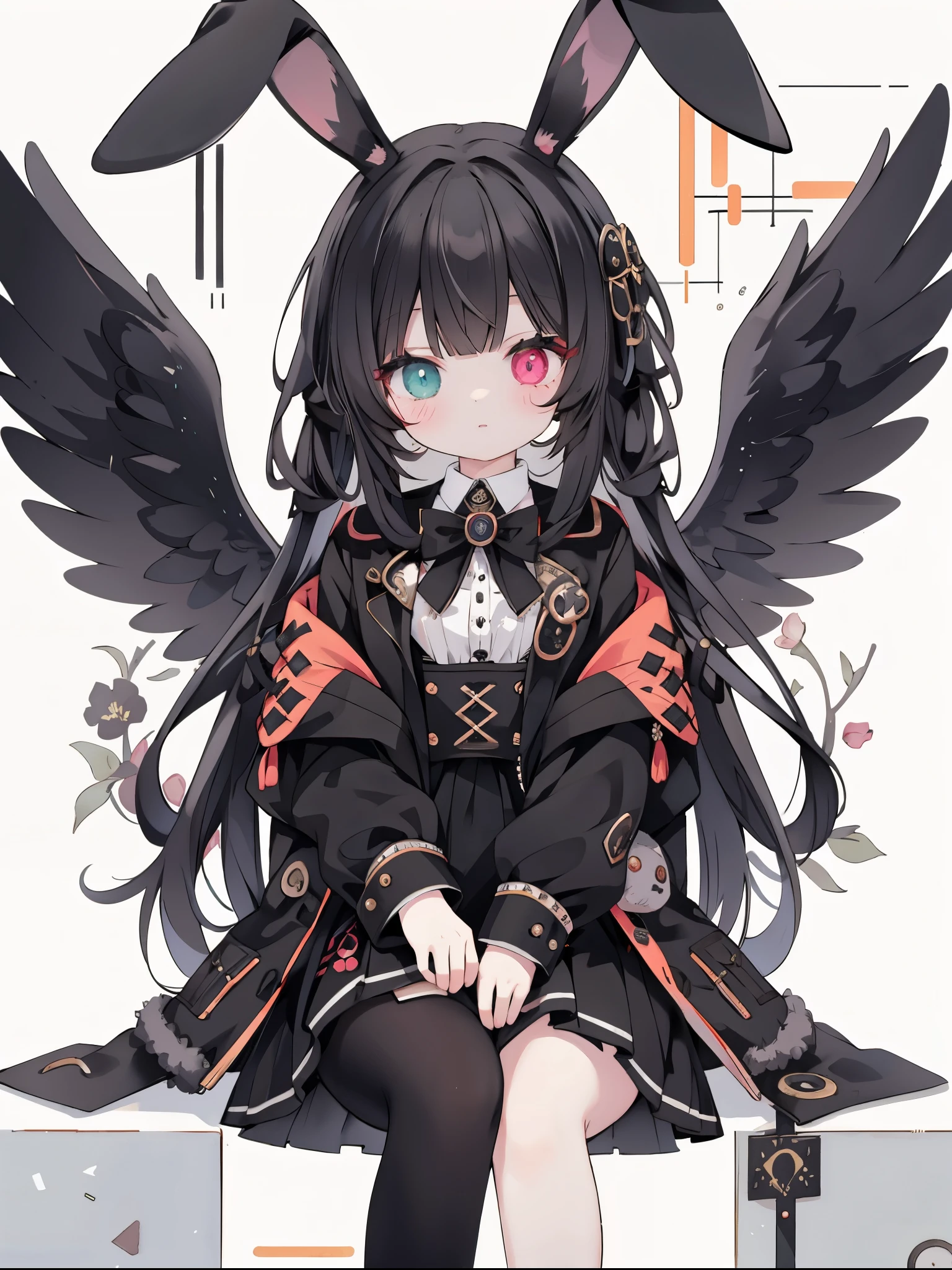 The art of math, masterpiece, 最high quality, Super detailed, high quality, 4k, Cute girl, sit, rabbit,，Punk style，Long coat，Heterochromia，Black Wings，（（Black long hair）），Clear and beautiful eyes