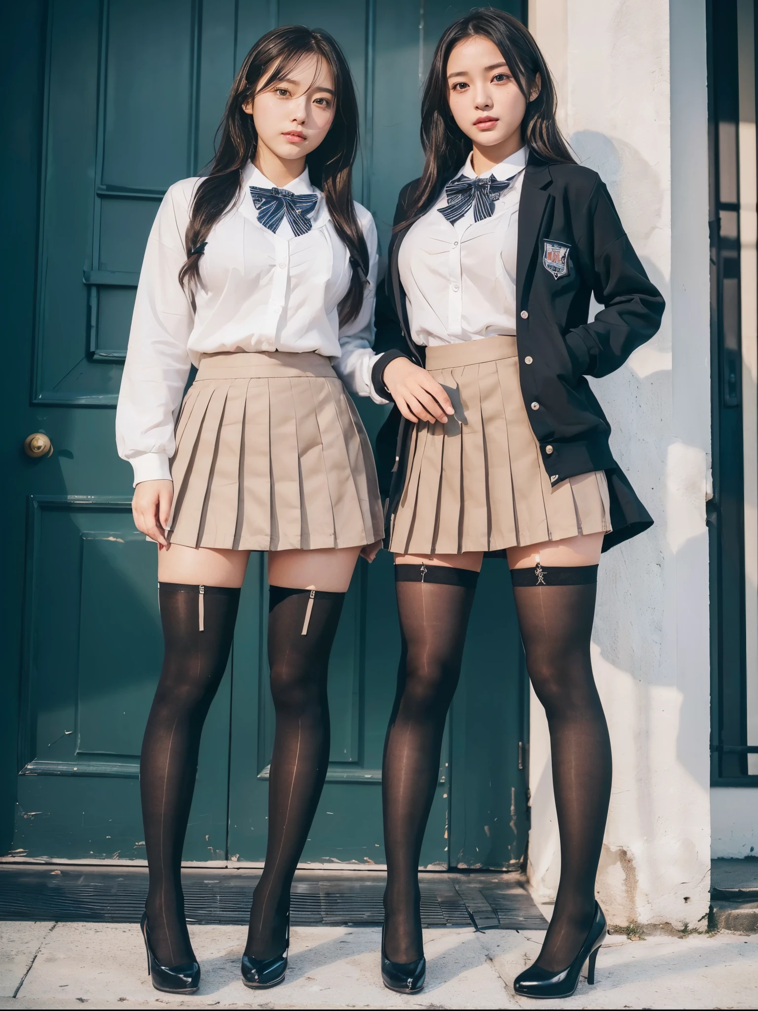Realisticな紺色ブレザーの制服を着用しています, The two high school girls with long lower bodies always wear black stockings., (8k), (highest quality: 1.2), (Realistic), Ultra-high resolution, Very detailed, (RAW Photos:1.4), (Two high school girls are standing facing this way.),((Full body photography)), Japanese high school girls, 19 years old, Detailed skin, Super cute face, (F Cup Big:1.3), Cleavage, Fold your arms in front of your chest, (Realisticな紺色ブレザーの制服:1.7), (Winter uniforms), (The pleated mini skirt is very short:1.4), (wide thighs and long legs:1.5), (Seamless black stockings:1.3), ((High school girls always wear black stockings.)), (Wearing high-heeled brown heels), Accurate high heels