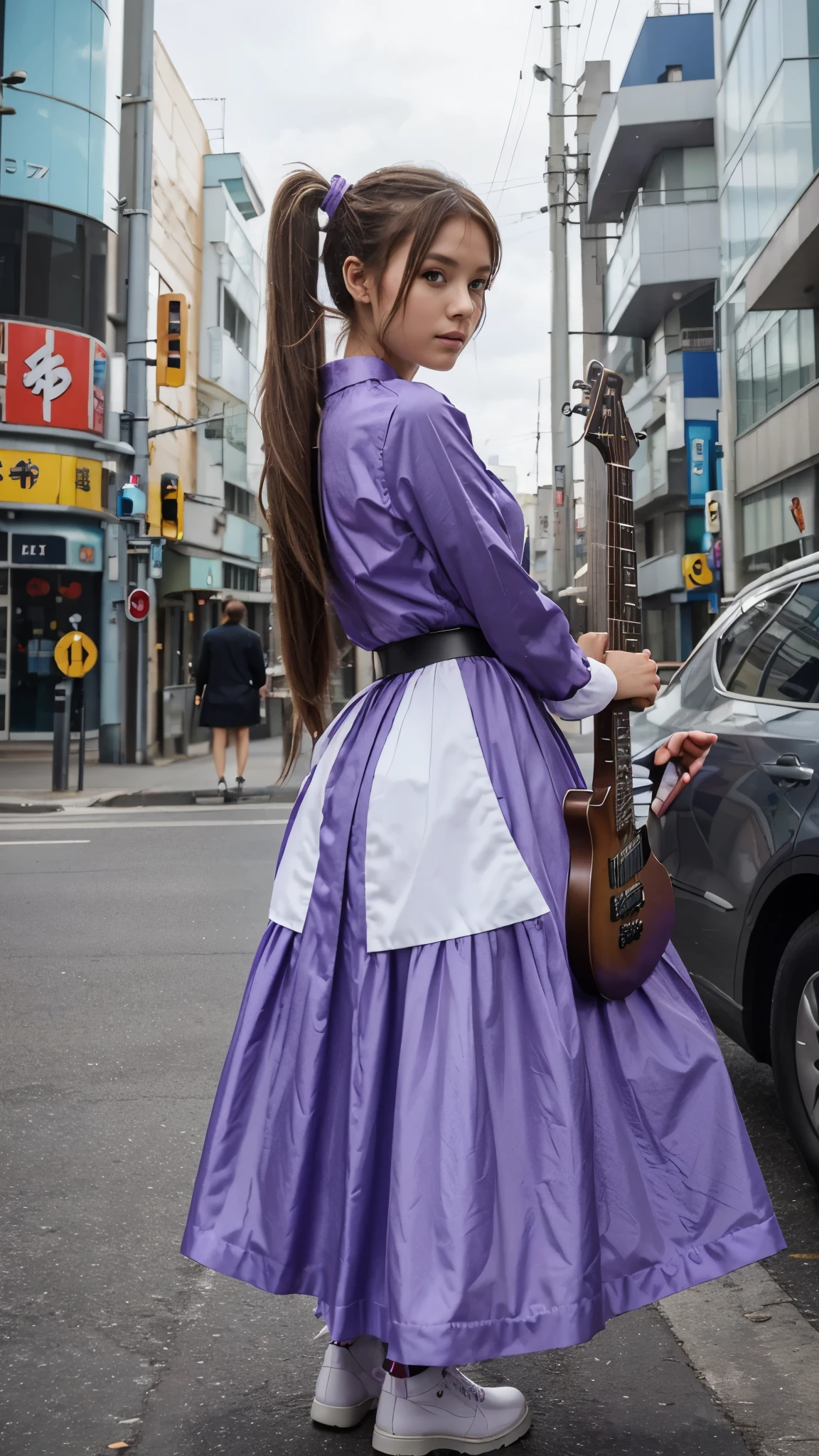 ((masterpiece, best quality))1girl, solo, fashion purple dress modern future, electric guitar, headphones, ponytail, holding, holding plectrum, instrument, very long brown hair rapunzel, music, one side up, teal hair, twin tails, playing guiter, pleated long skirt fashion, fashion dress modern purple and white, interior, full body, purple, sit down in modern retro classic chair, walking, jumping, beautiful boot modern, background japan city, costume cosplay japan