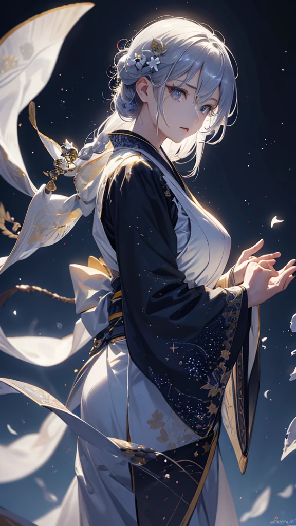 masterpiece, high quality, 4K, Beautiful design, silhouette,Silver Hair, 非常に詳細な夜のStarry Sky,Flower Field, wonderful, Finer details, Very knowledgeable woman, Highly detailed solo, 1 female,Beautiful Eyes,tears,Big Breasts,White kimono,Night view,Starry Sky,full moon,