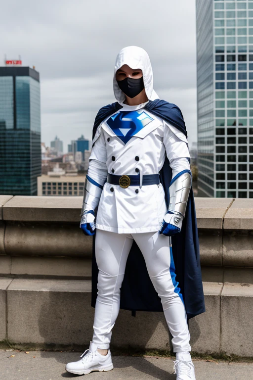((best quality)), ((masterpiece)), (detailed), 1 boy in a trench coat standing on a building, full body, 19 years old, masked, white mask covering his entire head and hair, superhero mask, black protective glasses, blue eyes, black face mask, no hair, tall and slender, thin, long beige trench coat, open trench coat showing his emblem, black fingerless gloves, white wristbands, white superhero armor, white chest with emblem, luminous blue "I" letter emblem on chest, blue I-shaped emblem, letter I, black pants, white knee pads, metallic white shoes, superhero belt, nanotechnology in the air, city background, anime