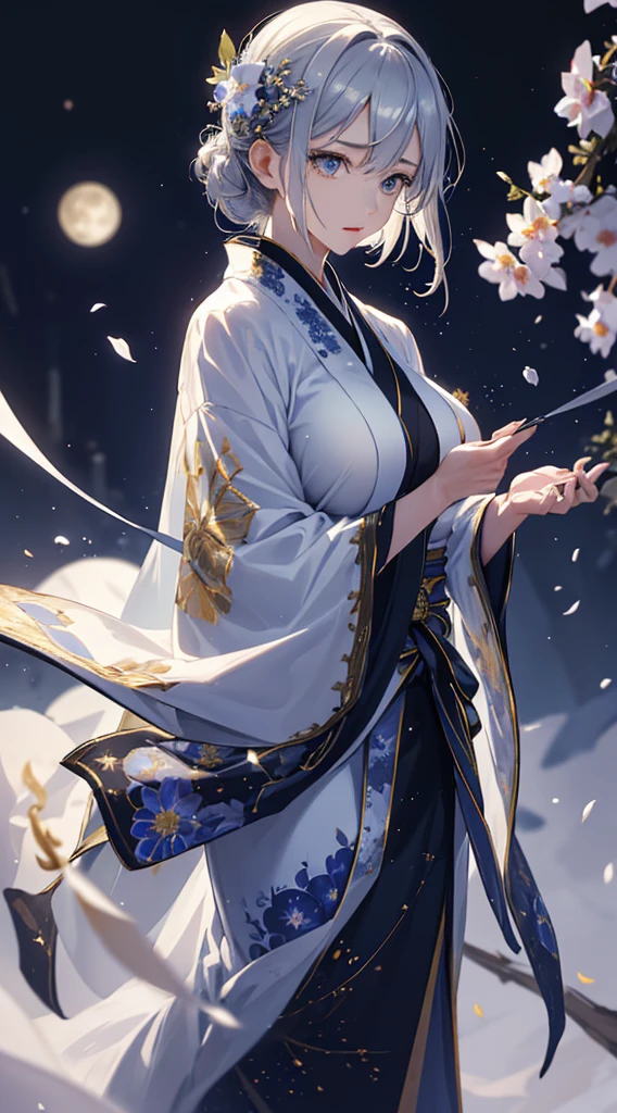 masterpiece, high quality, 4K, Beautiful design, silhouette,Silver Hair, 非常に詳細な夜のStarry Sky,Flower Field, wonderful, Finer details, Very knowledgeable woman, Highly detailed solo, 1 female,Beautiful Eyes,tears,Big Breasts,White kimono,Night view,Starry Sky,full moon,