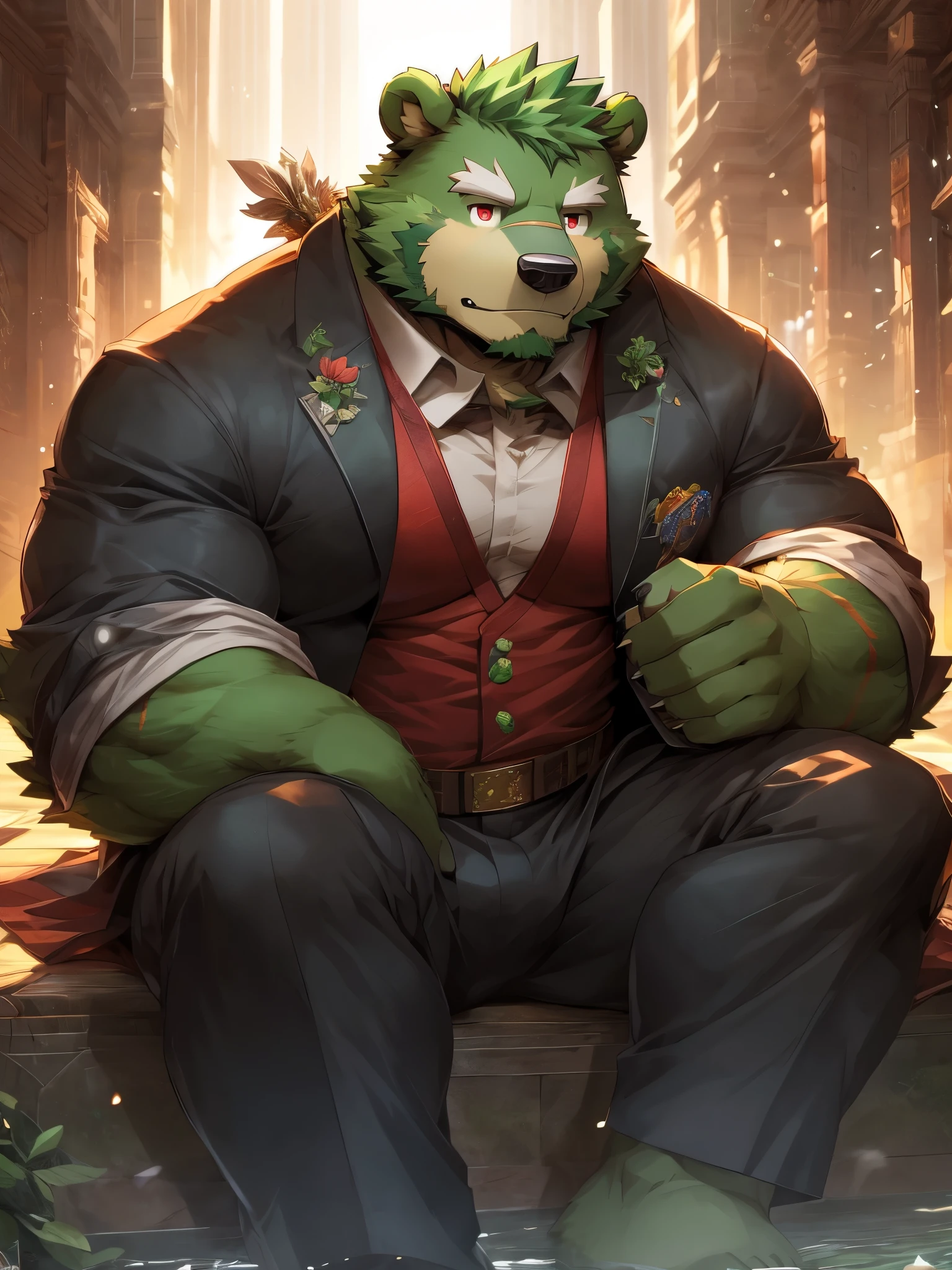 masterpiece, high quality, anime, detailed eyes, male jinpei, anthro, bear, Great physique, strong arms manly, Casual suit, (((green bear))), (((green fur))), green hair, beard, white eyebrows, detailed red eyes, tall, by zixiong, epic composition, Realistic lighting, HD details, masutepiece, Best Quality, (extremely detailed CG unified 8k wallpaper),coralcoast,sitting