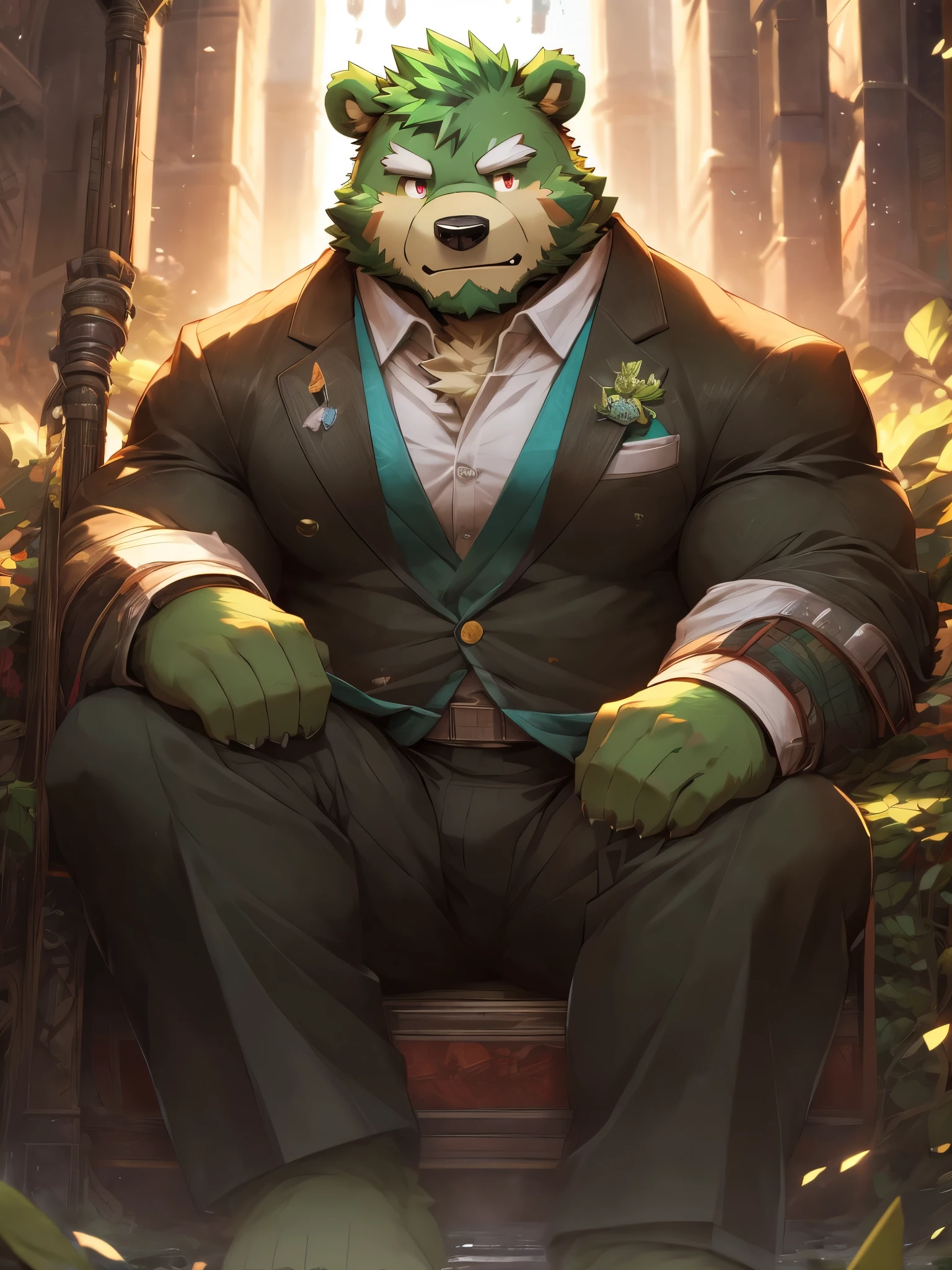 masterpiece, high quality, anime, detailed eyes, male jinpei, anthro, bear, Great physique, strong arms manly, Casual suit, (((green bear))), (((green fur))), green hair, beard, white eyebrows, detailed red eyes, tall, by zixiong,  epic composition, Realistic lighting, HD details, masutepiece, Best Quality, (extremely detailed CG unified 8k wallpaper),coralcoast,sitting