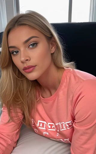 belle blonde habillé pyjama en soirée rouge et noir yeux bleus femme magnifique