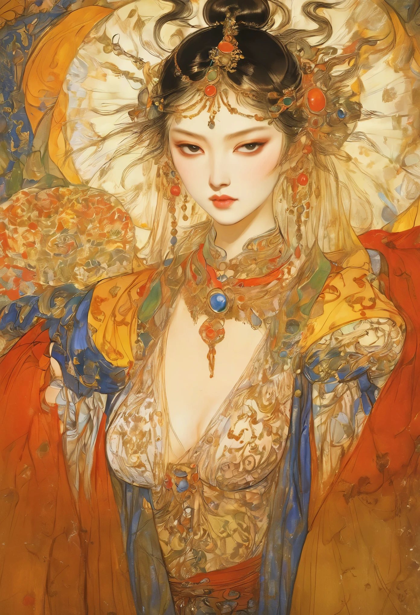 (masterpiece, best quality:1.2), elegant girl, striking pose, exquisite detailed features, piercing eyes, sharp nose, sensual lips, ornate clothing, symmetrical composition, cinematic lighting, dramatic chiaroscuro, rich color palette, high contrast, digital art, photorealistic，xianxia