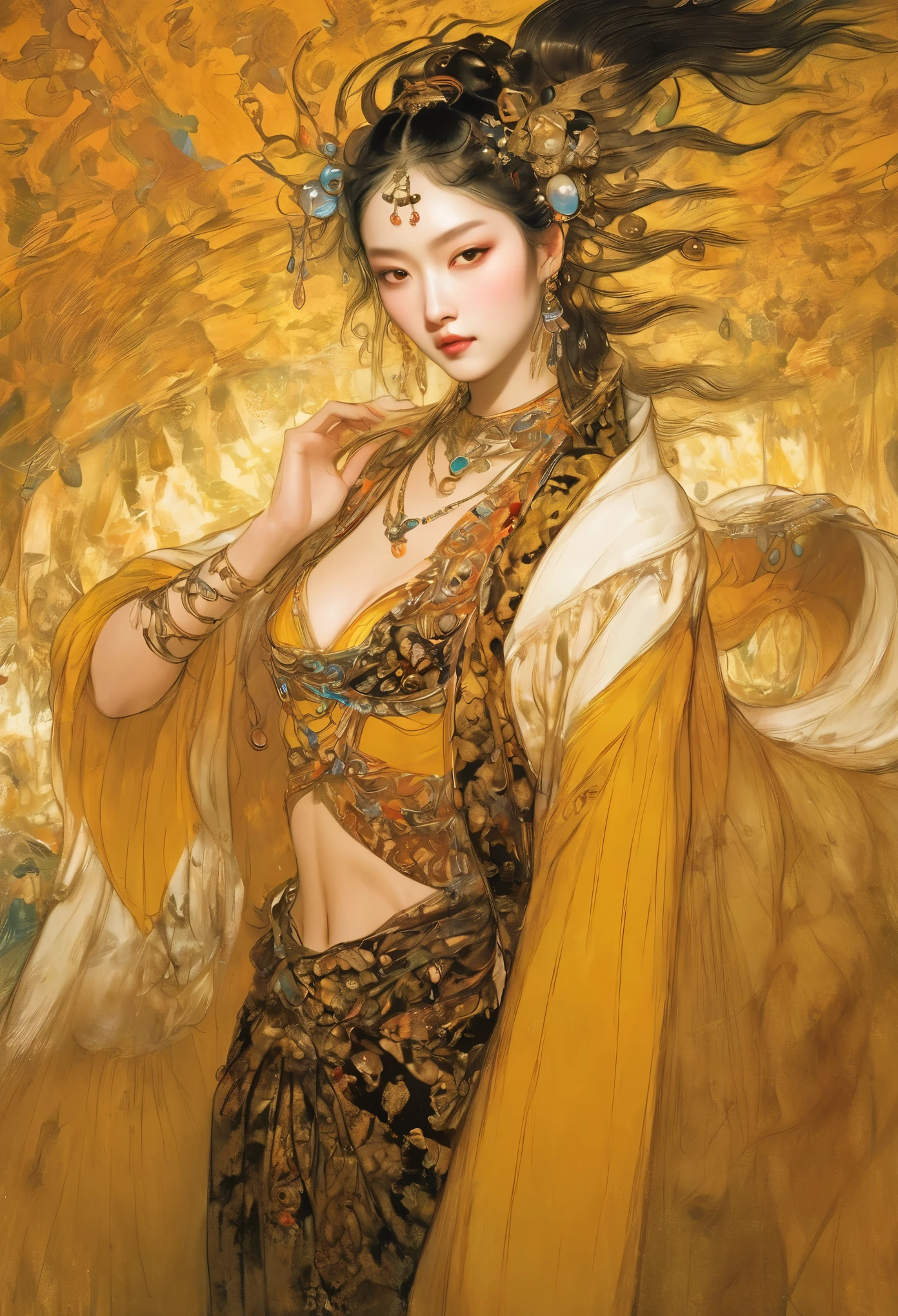 (masterpiece, best quality:1.2), elegant girl, striking pose, exquisite detailed features, piercing eyes, sharp nose, sensual lips, ornate clothing, symmetrical composition, cinematic lighting, dramatic chiaroscuro, rich color palette, high contrast, digital art, photorealistic，xianxia