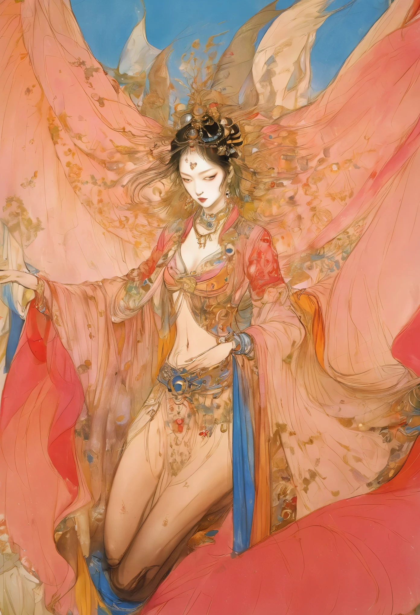 (masterpiece, best quality:1.2), elegant girl, striking pose, exquisite detailed features, piercing eyes, sharp nose, sensual lips, ornate clothing, symmetrical composition, cinematic lighting, dramatic chiaroscuro, rich color palette, high contrast, digital art, photorealistic，xianxia