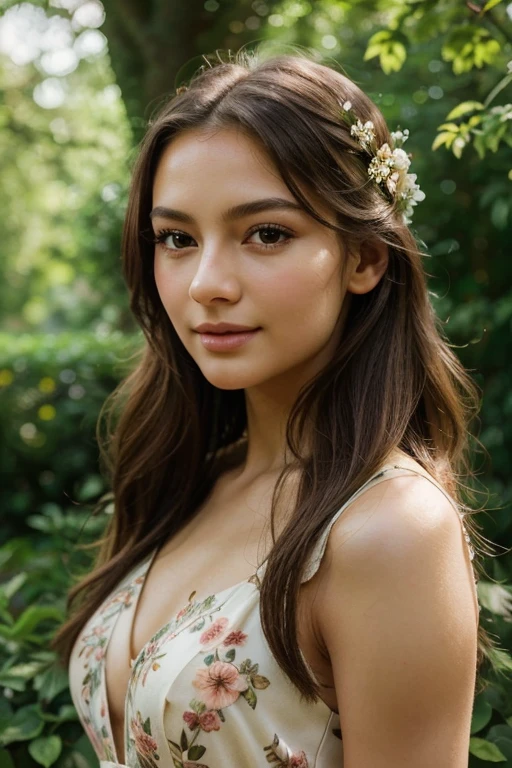 a beautiful girl, detailed face, delicate features, long eyelashes, soft skin, elegant expression, gentle smile, flowing hair, floral dress, outdoor garden setting, lush greenery, sunlight filtering through trees, warm color tones, cinematic lighting, intricate details, masterpiece, highly detailed, photorealistic, 8k