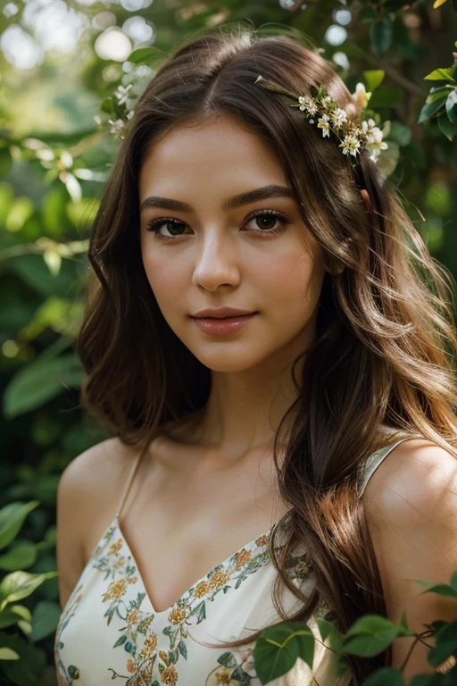 a beautiful girl, detailed face, delicate features, long eyelashes, soft skin, elegant expression, gentle smile, flowing hair, floral dress, outdoor garden setting, lush greenery, sunlight filtering through trees, warm color tones, cinematic lighting, intricate details, masterpiece, highly detailed, photorealistic, 8k