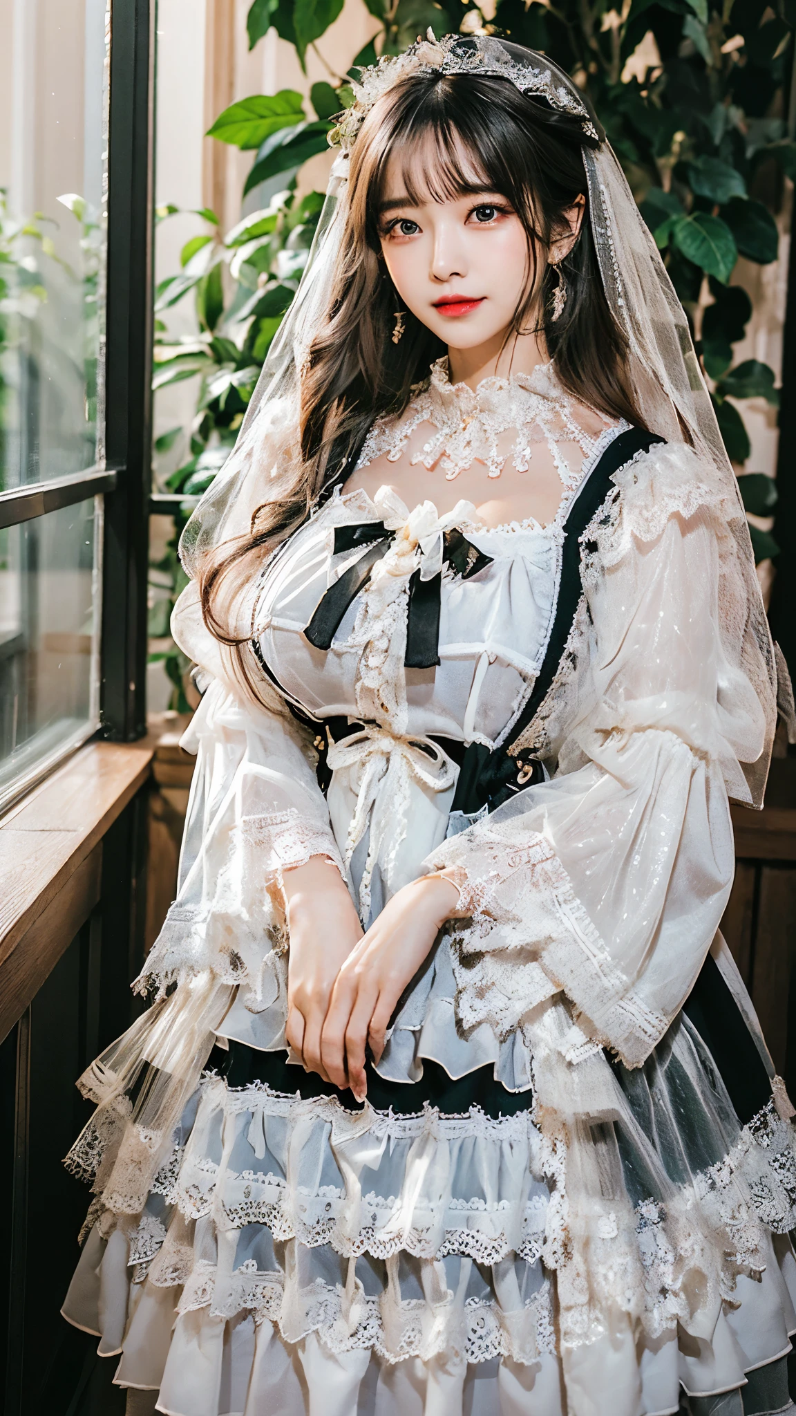 ((masterpiece:1.2、highest quality、Tmasterpiece))、1 female、alone、classroom、Day、(Korean Idol:1.2)、(Are standing:1.4)、Black Hair、cute、Wavy Hair、Medium Hair、Beautiful legs、break、((dress:1.4))、(Big Breasts:1.5)、(black tights)、Hoop Earrings、corset、lipstick、Pleated mini skirt、Ring Choker、blush、smile、Covered breasts、(Thick lips:1.2)、Detailed body、Very detailed絵画, Luminism、4K resolution、3D Rendering、Exquisitely crafted , Cinematic、Realistic、Hit definition、Abstract Beauty、Approaching perfection, Pure Form, Golden Ratio、Very detailed, Digital photography, Soft natural light, 50mm lens, f1.8 Vacancies、blush、Small face、Narrow waist、cyb dress, frills, frilled dress, long sleeves, bow, lace