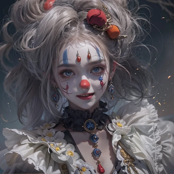 Standing in the grave、Hair flow、 ((highest quality、masterpiece、8k、Best image quality、Ultra-high resolution、Award-winning works)、(Accurate anatomy:1.1)、(Look at me and smile:1.1)、Shining fair skin with Ultra-high resolution、The most detailed face、Ultra-high resolution detailed face、Ultra-high resolutionの髪の毛、(Ultra-high resolution eye:1.1)、Beautiful face drawn in every detail、Cheerful clown costume, Chest to chest,  Strange atmosphere, Ghosts flow, Dark Light, At the cemetery, Heavy makeup 