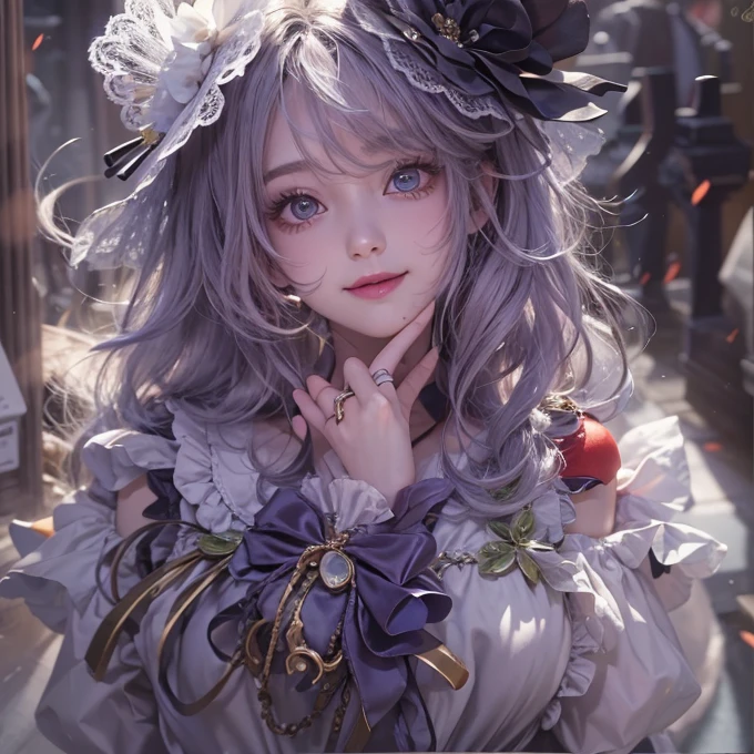 Standing in the grave、Hair flow、 ((highest quality、masterpiece、8k、Best image quality、Ultra-high resolution、Award-winning works)、(Accurate anatomy:1.1)、(Look at me and smile:1.1)、Shining fair skin with Ultra-high resolution、The most detailed face、Ultra-high resolution detailed face、Ultra-high resolutionの髪の毛、(Ultra-high resolution eye:1.1)、Beautiful face drawn in every detail、Cheerful clown costume, Chest to chest, Strange atmosphere, Ghosts flow, Dark Light, At the cemetery, Heavy makeup