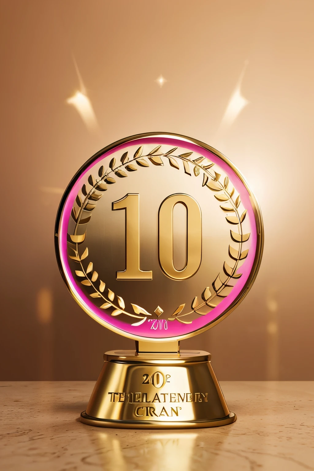Create a trophy for DT Telekom company. The trophy must write on it "20th Anniversary Contest of Winner's Circle". The trophy design will be gold and silver combined with olives leaves from ancient greece. Write the letter big T with pink colour. 3d realistic with black backround