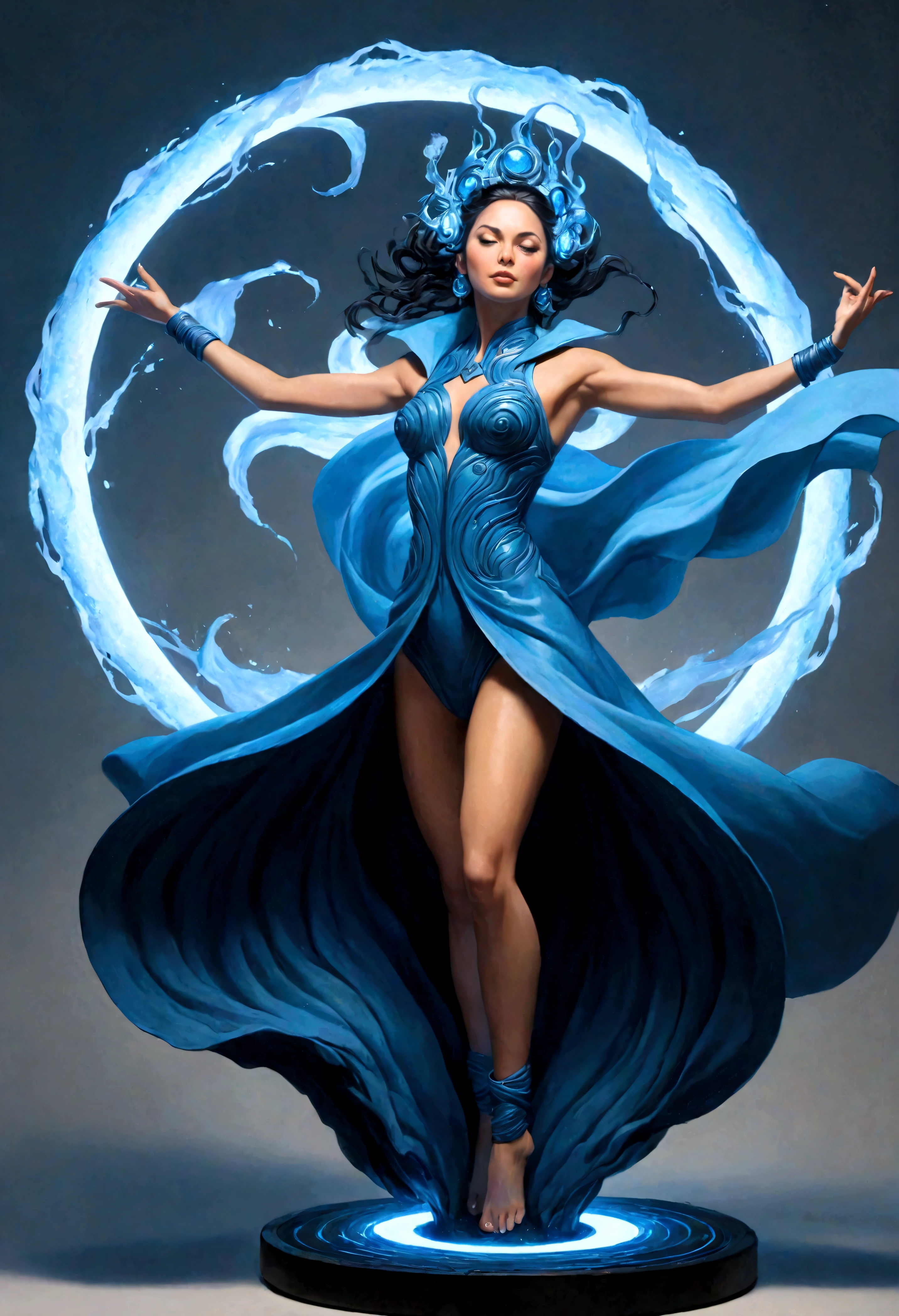 Uma lava lindamente esculpida e poderosa, an electronic DJ table called Blue, depiction of a woman in motion captures the essence of a Renaissance masterpiece. Usando fones de ouvido, levantando o punho, piscando, Let's go! , Idol, fofo, sorridente, punch in the stomach, futuristic full body coordination, attracting audience, agitation, energetic, dynamic position, brilliant studio, poster type scene, high tension rhythm, eyes The flowing robes and dynamic pose suggest grace and vigor frozen as a team. Esta escultura deslumbrante, possivelmente uma escultura de lava, Exudes elegance and strength, with intricate details that demonstrate the artist's skill and vision. The mix of classic beauty and fiery intensity makes this piece a true work of art..