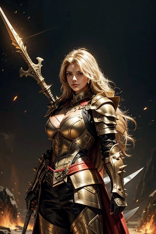 Woman, blonde long hair, muscular woman, wearing full plate armor, spiky armor, wielding warhammer and kiteshield, red and golden colors