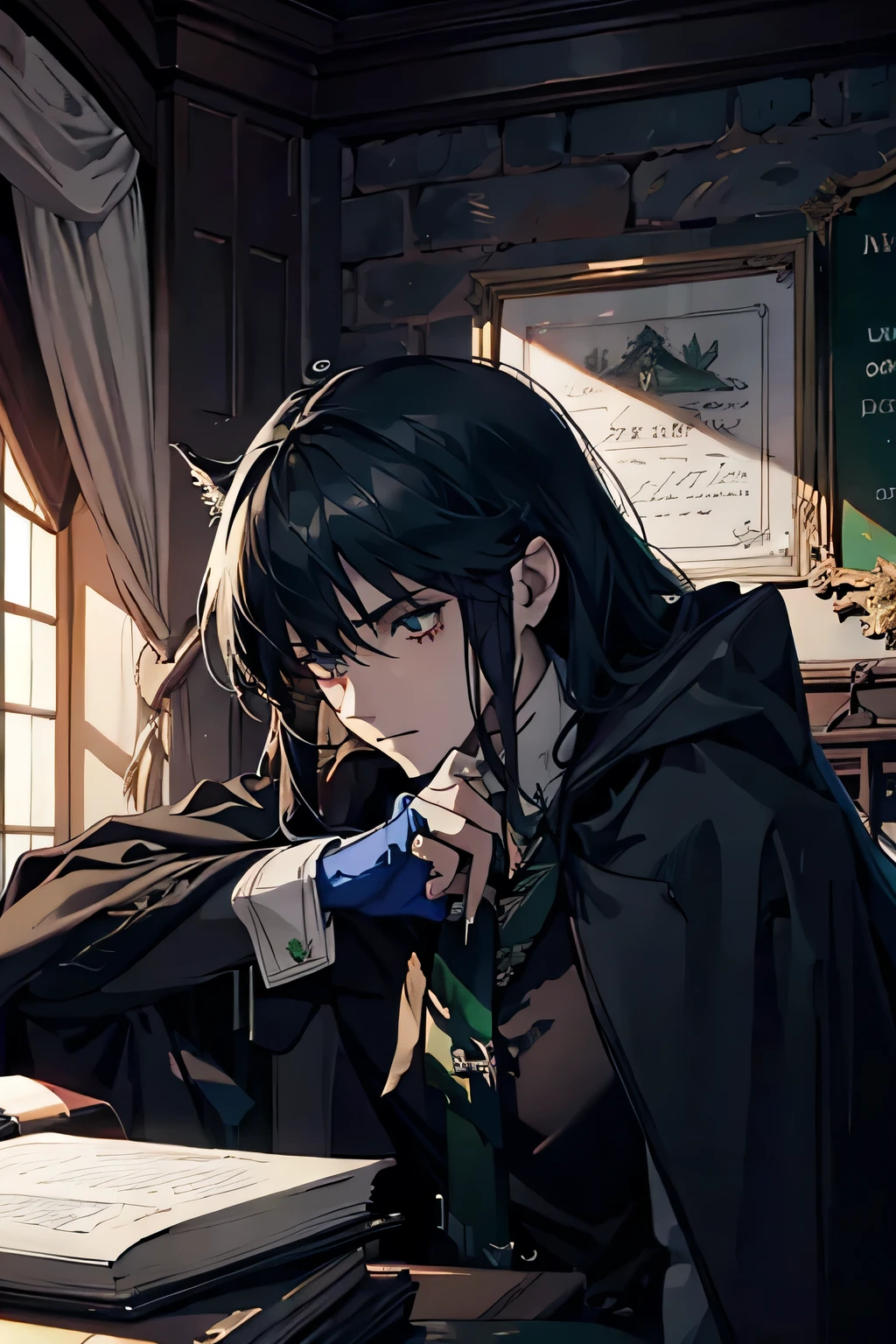 slytherin, wizard handsome, blackhair, villian face, 1 man, raising a catpersia, student