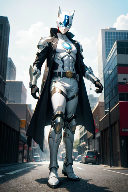 ((best quality)), ((masterpiece)), (detailed), 1 boy in a trench coat standing on a building, full body, 19 years old, masked, white mask covering his entire head and hair, superhero mask, black protective glasses, blue eyes, black face mask, no hair, tall and slender, thin, long beige trench coat, open trench coat showing his emblem, black fingerless gloves, white wristbands, white superhero armor, white chest with emblem, luminous blue "I" letter emblem on chest, blue I-shaped emblem, letter I, black pants, white knee pads, metallic white shoes, superhero belt, nanotechnology in the air, city background, anime