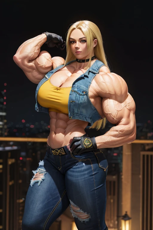 (((((Massive, beautiful, buff, light brown skinned muscular woman with yellow hair, ginormous bulky muscles, doing beautiful poses and wearing a black Long-sleeved cropped denim jacket with tight denim jeans))))), (close view), massive muscles, hyper muscles, (long flowing hair), (((black halter top))), (black halter top), gray eyes, choker, ((((cropped denim jacket)))), ((cropped denim jacket)), (gloves), gloves, black boots, (in the Darkened city), closed smile, night, ginormous muscles