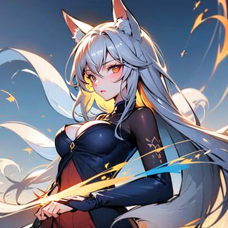 One Girl, Fox Girl, Fox's Tail, Nine-Tailed Fox,Fox Ears, Black colored hair, Fox Makeup,One Girl, Kimono with open chest, Body size is 100-70-90!, Nice body, Avatar, face, Open chest, lewd face, Dominant representation, naughty face, Big Breasts, Emphasize cleavage,Show bare skin, Skin is visible, With legs apart, Show off your thighs, M-shaped legs, A beautifully patterned kimono,Red and black flowing water pattern kimono, I can see her cleavage, Muscular, Uplifting, Abdominal muscles, Exposed skin, Long Hair, Skin Texture, Soft breasts, Large Breasts, Standing in a grassy field, outside, Blue sky,Composition facing directly ahead, Grab your breasts with both hands, Fingers digging into breasts, Developmental atmosphere, god秘的な絵, god々Cool atmosphere, Holding a Japanese sword
