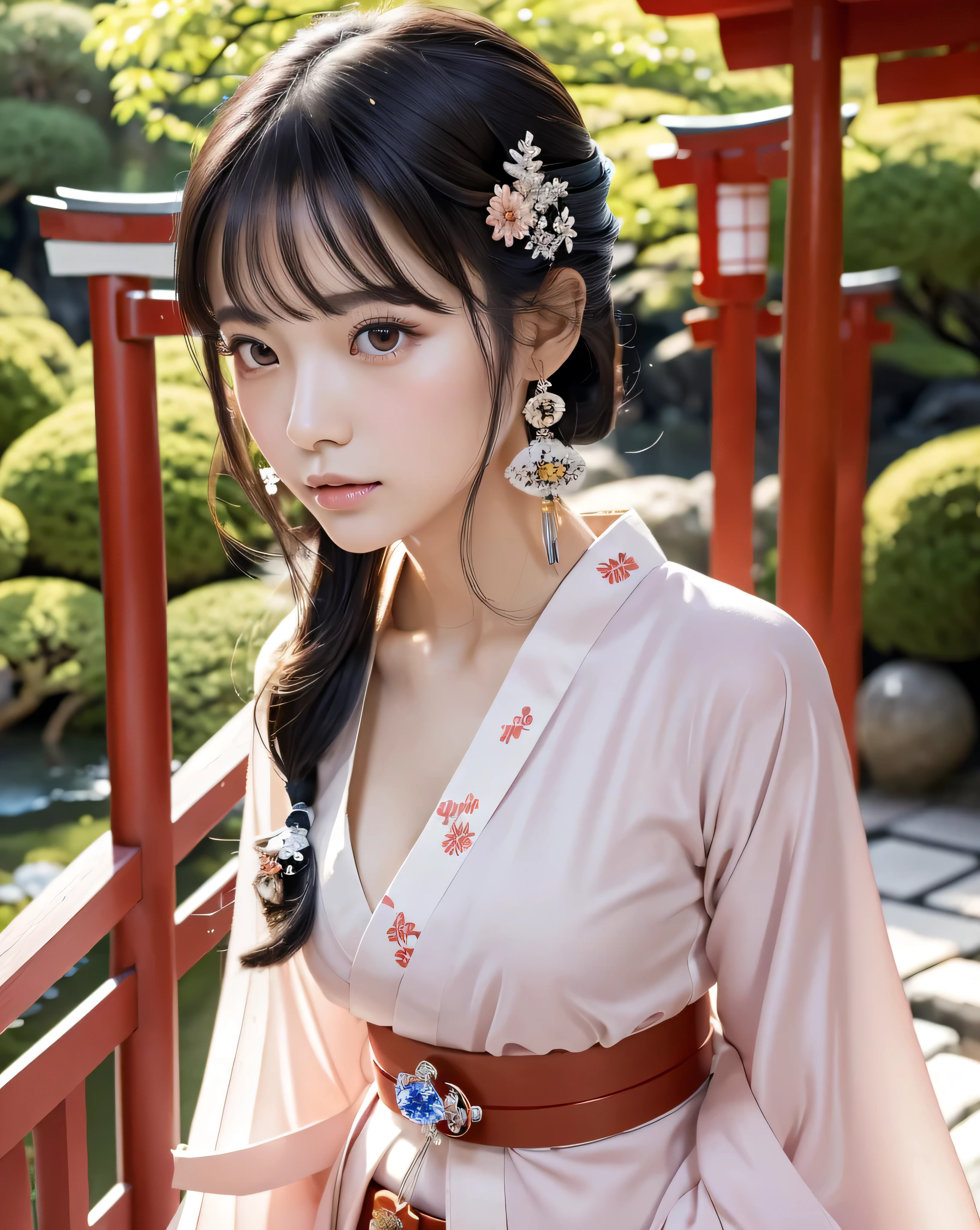 (highest quality, 32k, High resolution, Masterpiece:1.5, ), marimo_jet, god々A photograph with brilliant dazzling and healing power., Evoking a sense of calm and elusive beauty, God's chosen shrine maiden princess々New Dance, Expressing emotions, Have a rich imagination, Beautiful Japanese Girls, An exceptionally beautiful face, Small Face Beauty, Perfect Human Anatomy, Magical big eyes, Motherhood and generosity, Deep Love, Fleeting Expression, Shiny black hair, ((Half-up hairstyle with crystal ornaments:1.4)), Asymmetrical bangs, Hair between the eyes, Transparent, soft white skin, Sharp eyebrows, Thin lashes, ((Natural Makeup:1.1)), Cheek highlighter, Pale pink detailed lips, ((Japanese traditional shrine maiden clothing:1.3)), Red belt, Slim figure, ((Beautiful Japanese Garden:1.2)), Gentle sunlight filtering through the treesProfessional lighting, Professional photographer, Professional models, God's Secret