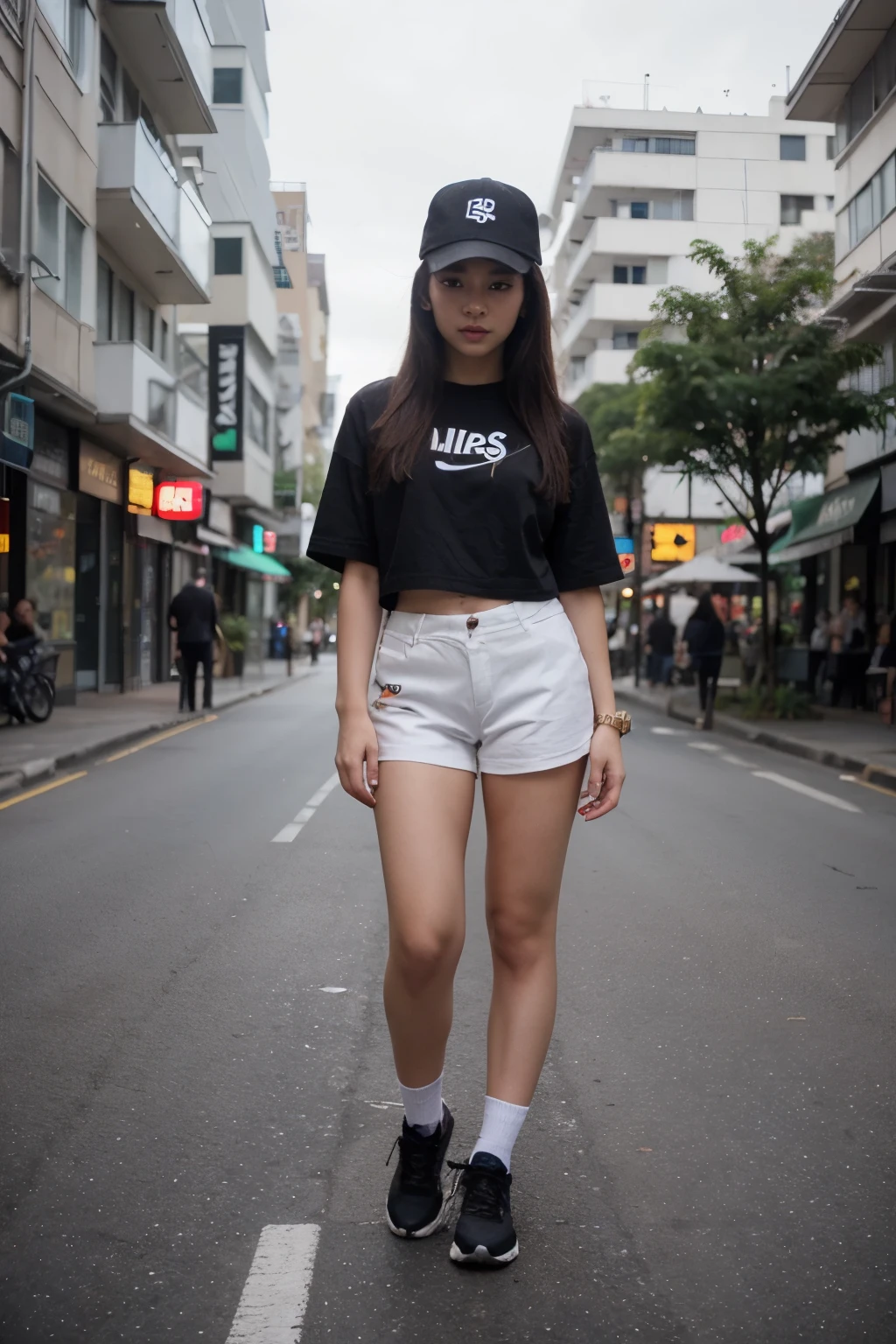 menunjukkan foto resolusi tinggi kamera tinggi super HD 8k full body gadis cantik Korea rambut panjang kaos oblong gombreng lengan pendek, kaos panjang terurai oblong big size warna hitam bercorak tulisan, celana cargo kolor longgar hitam gombreng panjang lurus longgar topi fashion futbool warna hitam manik bling shiny kupu-kupu sepatu Nike warna putih berdiri dengan santainya berjalan disebuah jalan yang sunyi background kuantitas hd 19;6 realistiknya foto seperti nyata