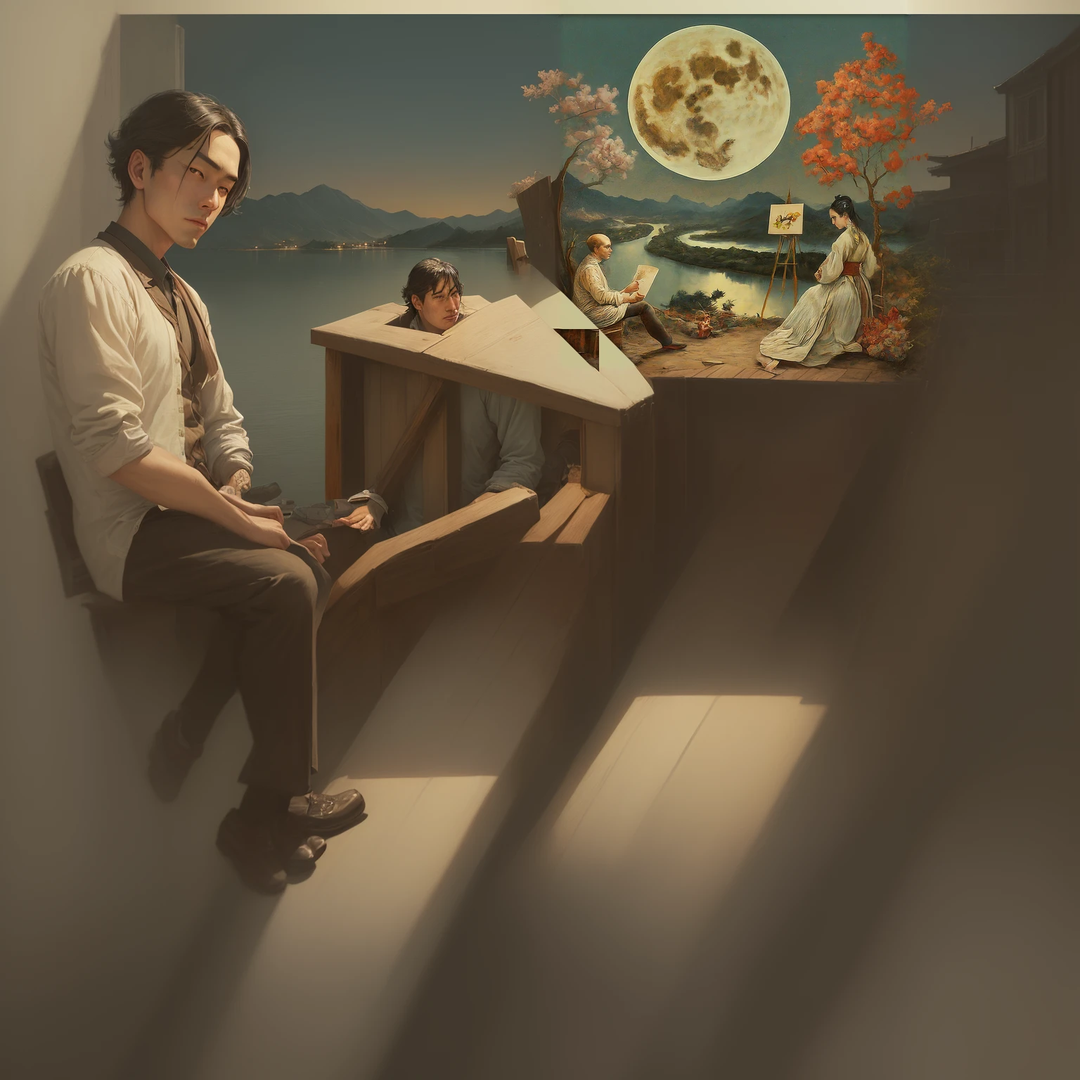 painting of a man and woman sitting on a bench in front of a full moon, jonathan yeo painting, rob rey and kentarõ miura, rob rey and kentarõ miura style, moon, collage style joseba elorza, chinese surrealism, shaun tan and peter mohrbacher, by John Moonan, moonlight, sitting on a moon