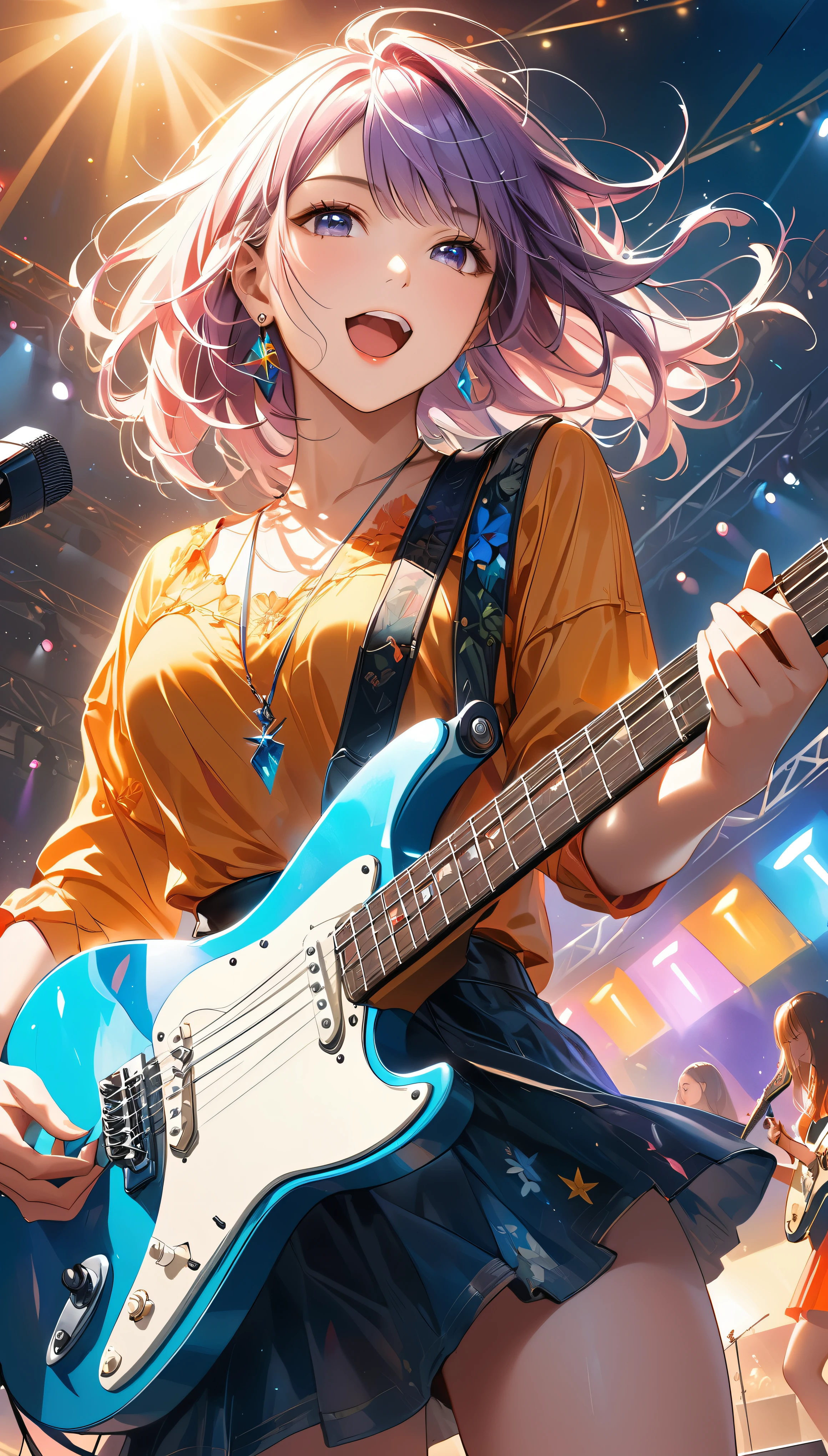 Realistic, CG illustration, Raw photoのような, guitarist, Girl in a girl band, A high-end electric guitar like the product image, Detailed and precise hand, Charm, anatomically correct whole body, Worldwide rock festival, cool & beauty, ((Playing the guitar in the midsummer sunshine)), Accurate and fast action, Full of energy, Shake your head back and forth, Adult charm, loooking at viewer, Engage your audience, Live a colorful life, Guitar performance captivates the audience, Accurate and fast finger movements, BREAK (An outdoor stage at night where the subject stands out), Dramatic studio lighting that draws your subject in, Dynamic shot from below, Dynamic composition, Sharp focus, Sharpness, Detailed and clear depiction, Detailed and intricate brushwork, Very clear, Absurd aesthetics, Surrealism, Luxury Art, (Very clearな full color), Realistic photos, Raw photo, Absurd aesthetics,
