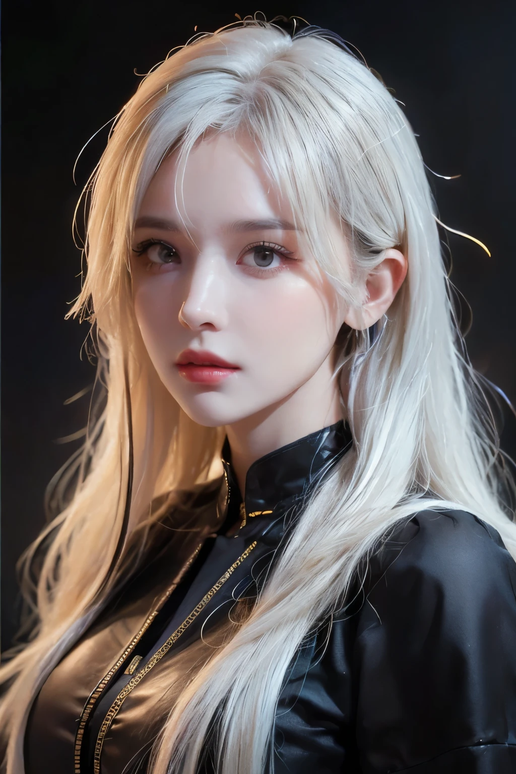 (front focus),(in the dark:1.6),
Surrealist female portraits by David Hockney and Alphonse Mucha,fantasy art, photo realistic, dynamic lighting, art station, poster, volumetric lighting, very detailed face, 4K, Awards,, 1 woman, in the dark, deep shadows, low key,cowboy shot,(formal clothing:1.4) ,long hair,gray hair,