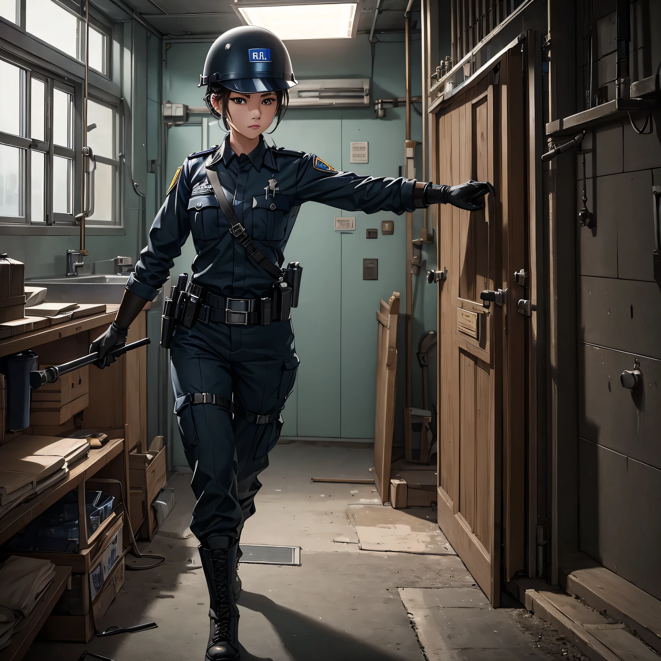 First-person perspective、Female prison guard、Wear a steel helmet、Wear police uniform、A baton on the belt、Gloves、Military boots、Prison interior、Write details、masterpiece、best quality、Highly detailed CG、8K picture quality