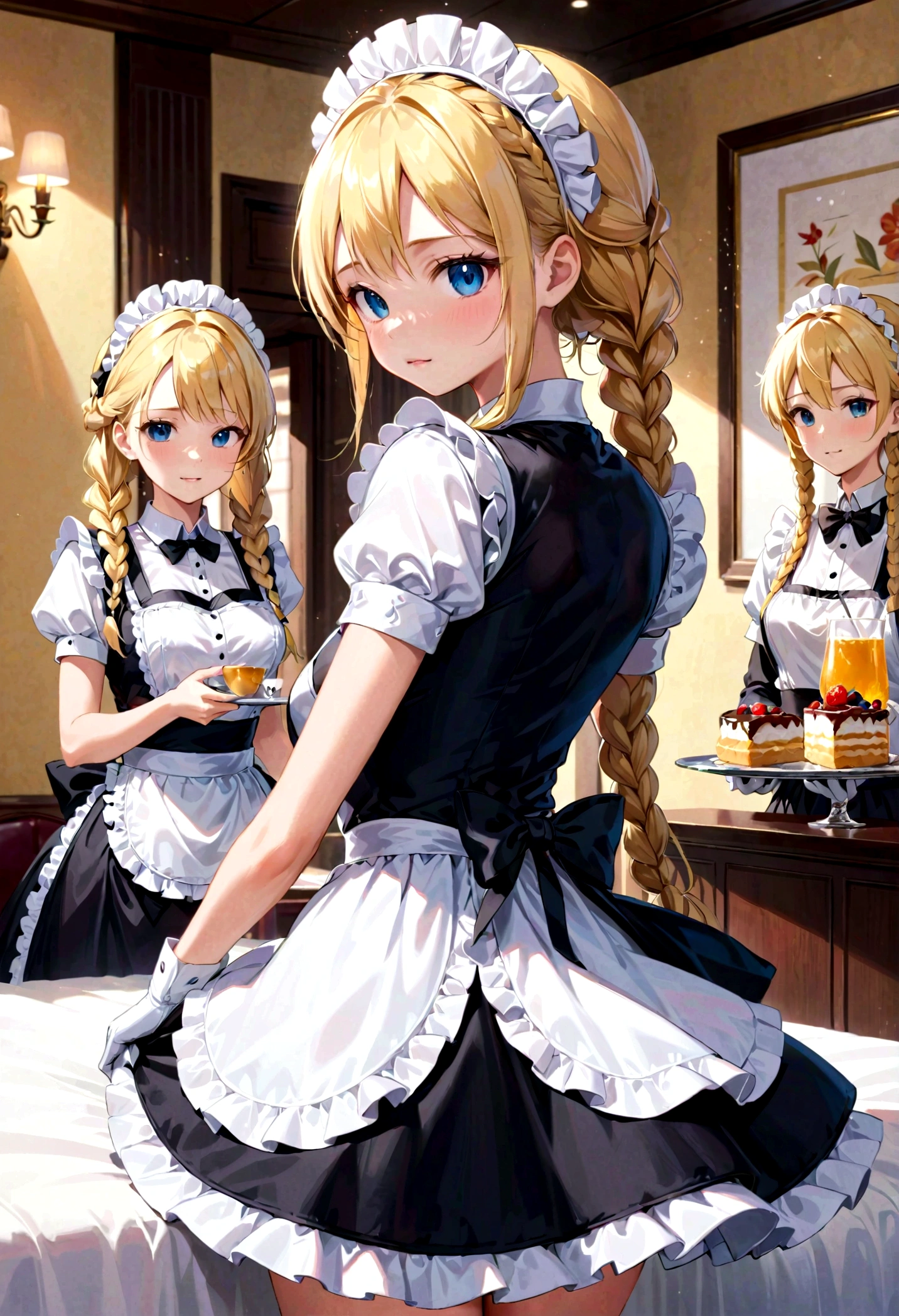 Shiny blonde hair, Very long hair, SophiSticated haircut, ((((Fully Braided Hair)))), ((Small twiSted braidS)), Narrow, oval face, SubmiSSive, (((Gagged))), ((((very cute Maid Girl)))), ((((very cute black maid dreSS)))), ((((cute waitreSS Serving a blond man)))), cute and bluShing 18 yearS old anime girl, look away becauSe She iS embarraSSed and bluSheS, bright blue eyeS, Detailed face, detailed memberS, detailed armS, detailed handS, ((((Sparkling diamond jewelry)))), tiara, ((compensate)), high heelS, puffy SleeveS, long gloveS, long eyelaSheS, maid coStume, maid dreSS, Maid Girl, (armS behind the back:1.4), (handS on the back), (maSterpiece, beSt quality) 1.5, One girl, Solo, (Sexy, Beautiful woman, Perfect Face, perfect eyeS, perfect handS), SamuS aran, (armS behind the back:1.4), (handS on the back), Spread the legS, S&#39; ((Lie down in bed by big ropeS)), ((cloSe up of the girl)), ((((Lie down in bed))))