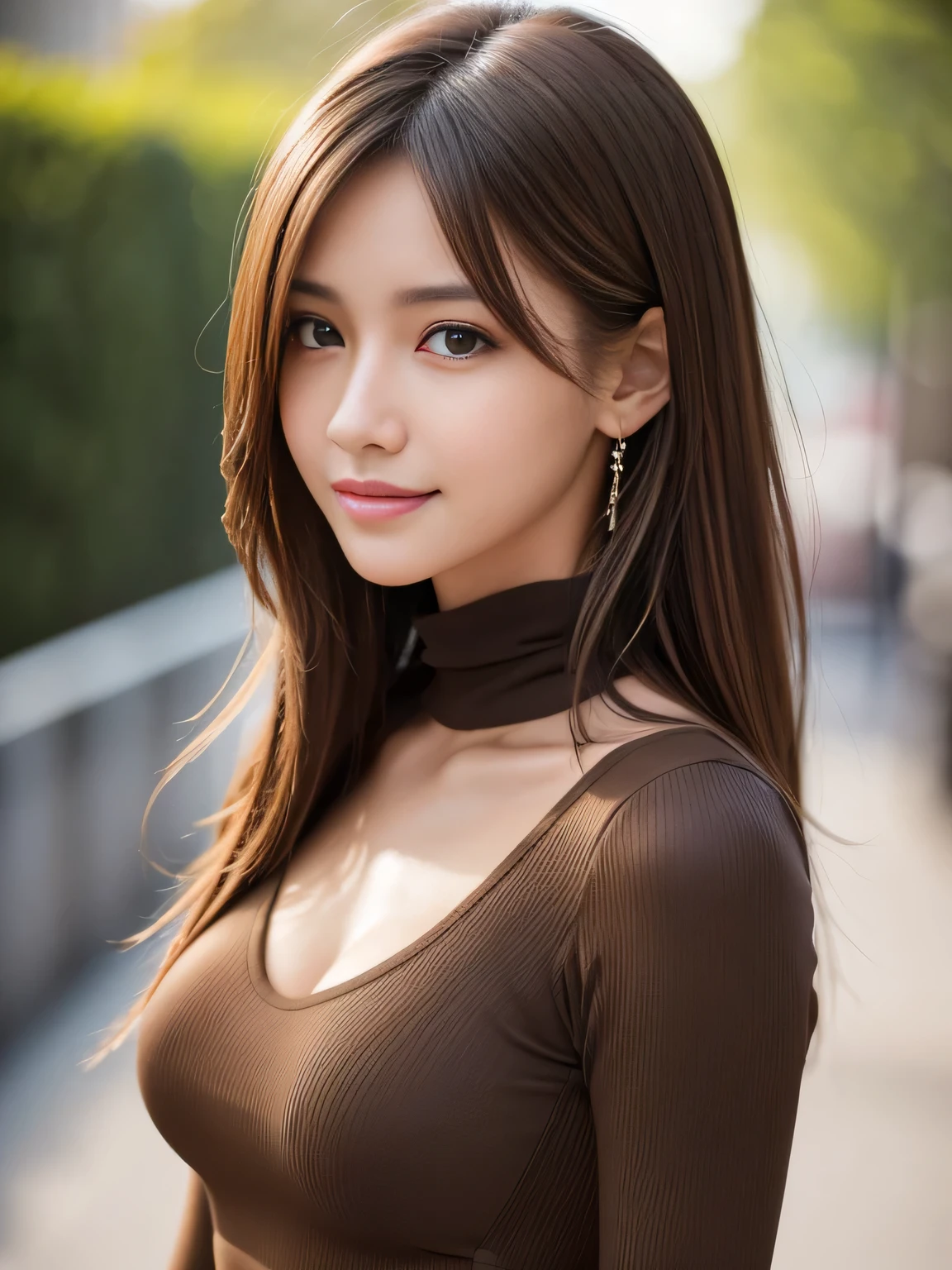 masterpiece, best quality, ultra-detailed, intricately detailed hyperdetailed, realistic, sharp features, highly detailed, sharp focus, (20 years old:1.3), perfect face, perfect symmetrically eyes, perfect full lips, hyper detailed, hyper realistic, high resolution, Fashion Model, Slender, Japanese Idol, Serious expression, brown hair, Stylish, Fashion magazine shooting, Realistic, Photorealistic:1.3, Beautiful Face, light brown hair, messy hair, Beautiful hairstyle, Normal chest, Neat clothes, (grin), (tight fitting tops),