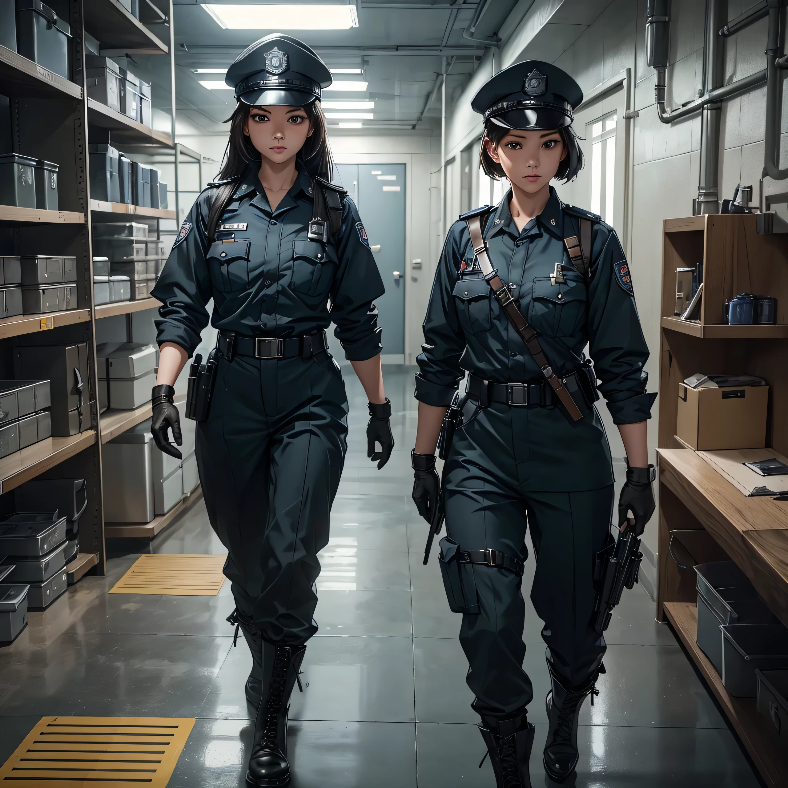 First-person perspective、Two female prison guards、Wear a steel helmet、Wear police uniform、Gloves、Military boots、Prison interior、Patrol guards、Write details、masterpiece、best quality、Highly detailed CG、8K picture quality