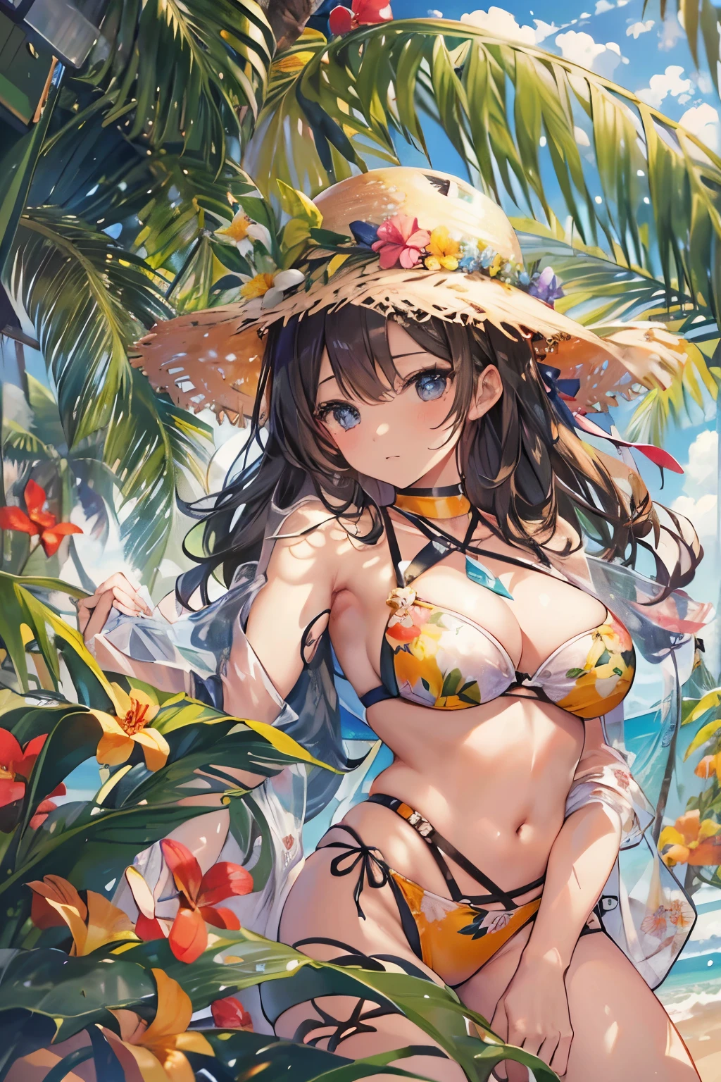 ((highest quality)),(超A high resolution),(Ultra-detailed),(Detailed depiction),((Best Photos)),(A masterpiece),Ultra-detailed art,The art of astonishing depiction, Tropical beach:1.5,Tropical flowers,sun, (One woman:1.5)Floral Bikini Swimsuit:1.5,See-through paleo:1.3