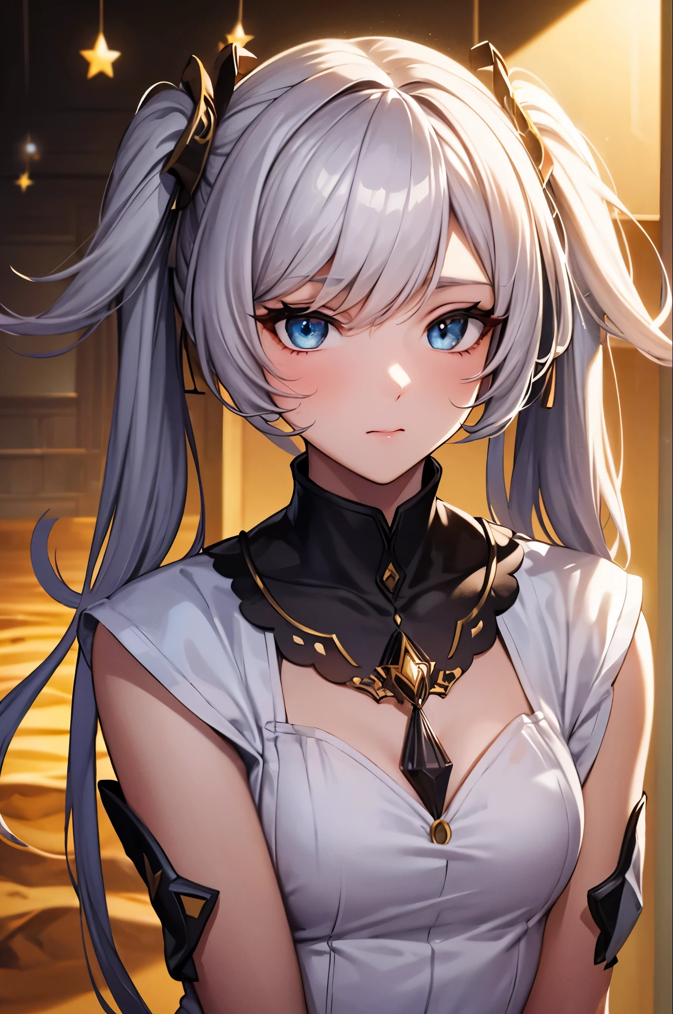 Absurd ,masterpiece, main office, 4K, High resolution, highest quality, 1girl in center screen with beautifulface, white_hair. (Black Costume:1.2),Deep Darkness, 前hair, chest, Eyebrow_appear_Through_hair, hair_ornament, Light_particle, length_hair, Looking_in_Audience, Moderate_chest, Sand Dunesの表面, 一人in, null間, star_(null), starry_null, Twin tails, very_length_hair, yellow_eye, transparent, see-Through,(background_Giedi_Prime_Sand Dunes:1.0), (Innocent face:1.1), beautiful eye, volumetric Lighting, True Shadow.