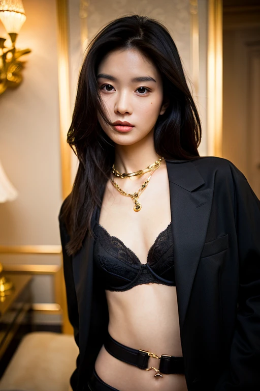 ((best quality)), ((masterpiece)), (detailed), 1girl, beautiful straight black long hair , seductive gaze ,perfect body , standing , sexy poses , black bra , boots , black long coat , luxury golden necklace , luxury golden bracelet