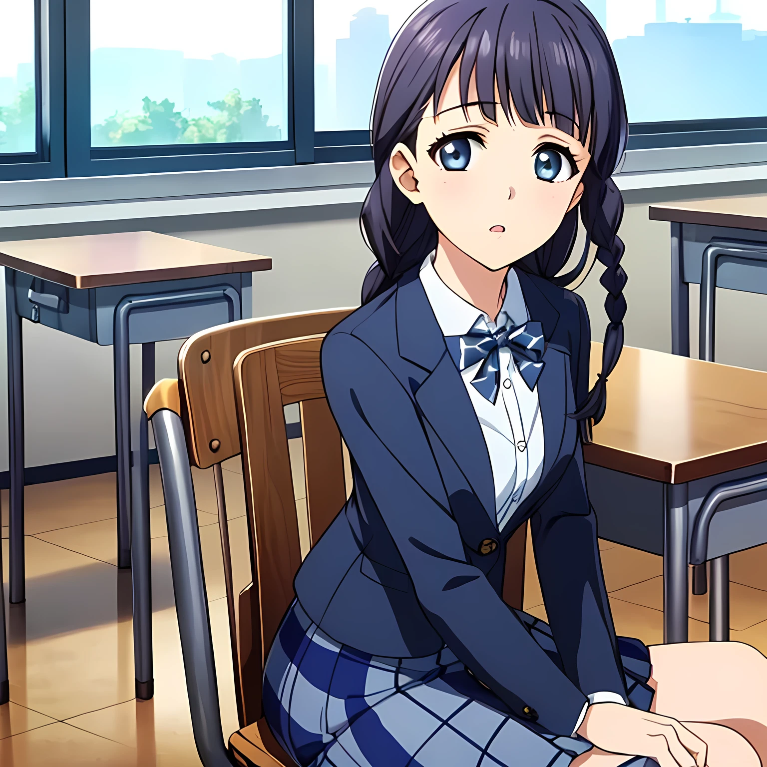 (highest quality, masterpiece:1.2), highest quality, High resolution, 1080p, 8K, Height: 158cm, High-definition anime-style CG, ((A very noble, pretty and neat beautiful girl of the game heroine is sitting on a chair in a school classroom.、Looking back, he seems very surprised.)), He tries to hide his shocked mouth with his hands., A face that everyone loves, Glossy lips, Even bangs, Double, Long eyelashes on both the top and bottom, Blue eyes wide with amazement, detailed, The very large red shiny wide ribbon bowtie is very cute., ((Black Hair)), ((long twin braids)), (((A long, neat, checkered pleated skirt with dark navy blue checks.))), (((Dark blue winter long sleeve blazer))), How to wear a neat uniform, Extremely lustrous, shiny game heroine lips, Mouth open, Ribbon in hair, Tight waist, The ribbon is big and very pretty.