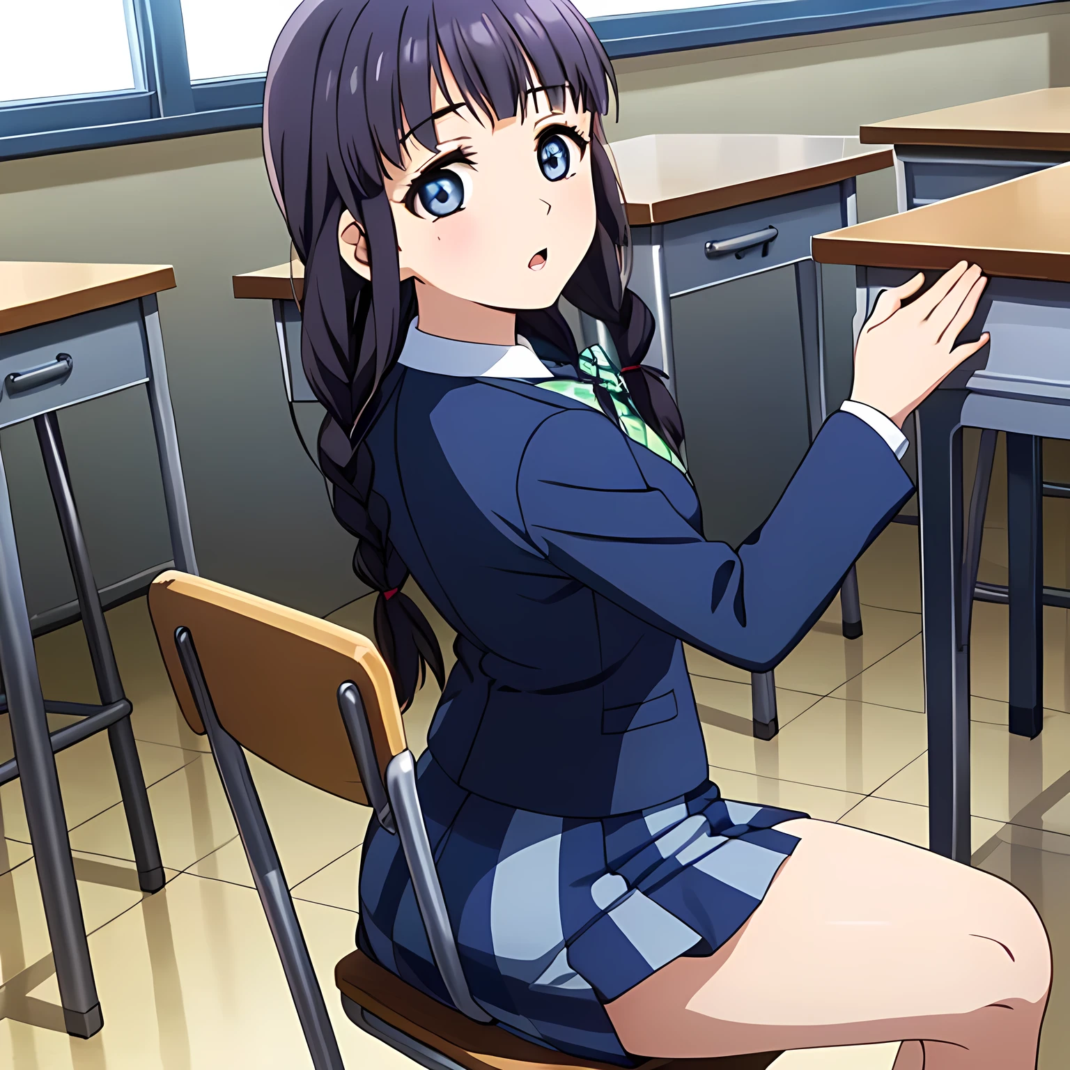 (highest quality, masterpiece:1.2), highest quality, High resolution, 1080p, 8K, Height: 158cm, High-definition anime-style CG, ((A very noble, pretty and neat beautiful girl of the game heroine is sitting on a chair in a school classroom.、Looking back, he seems very surprised.)), He tries to hide his shocked mouth with his hands., A face that everyone loves, Glossy lips, Even bangs, Double, Long eyelashes on both the top and bottom, Blue eyes wide with amazement, detailed, The very large red shiny wide ribbon bowtie is very cute., ((Black Hair)), ((long twin braids)), (((A long, neat, checkered pleated skirt with dark navy blue checks.))), (((Dark blue winter long sleeve blazer))), How to wear a neat uniform, Extremely lustrous, shiny game heroine lips, Mouth open, Ribbon in hair, Tight waist, The ribbon is big and very pretty.